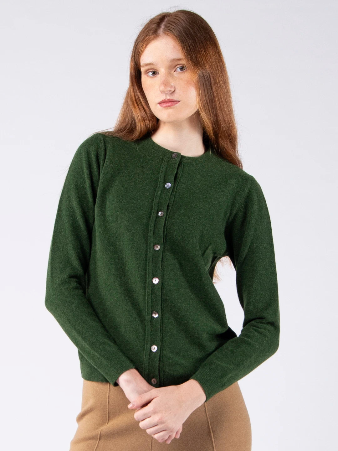 Lambswool Round Neck Cardigan - Moss Green