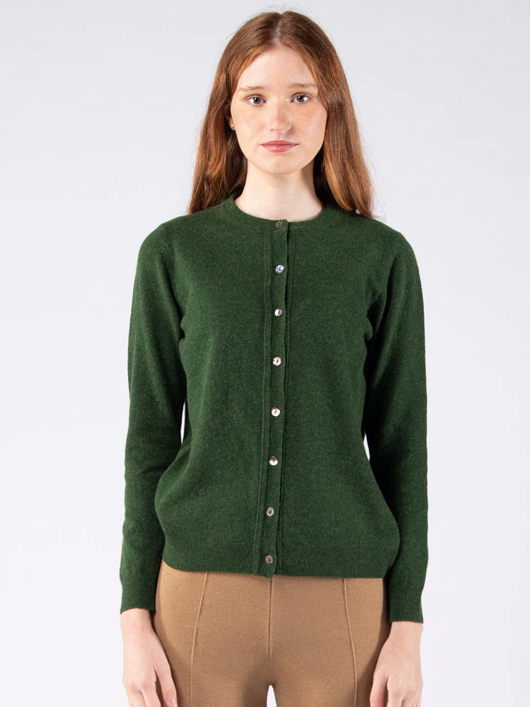 Lambswool Round Neck Cardigan - Moss Green