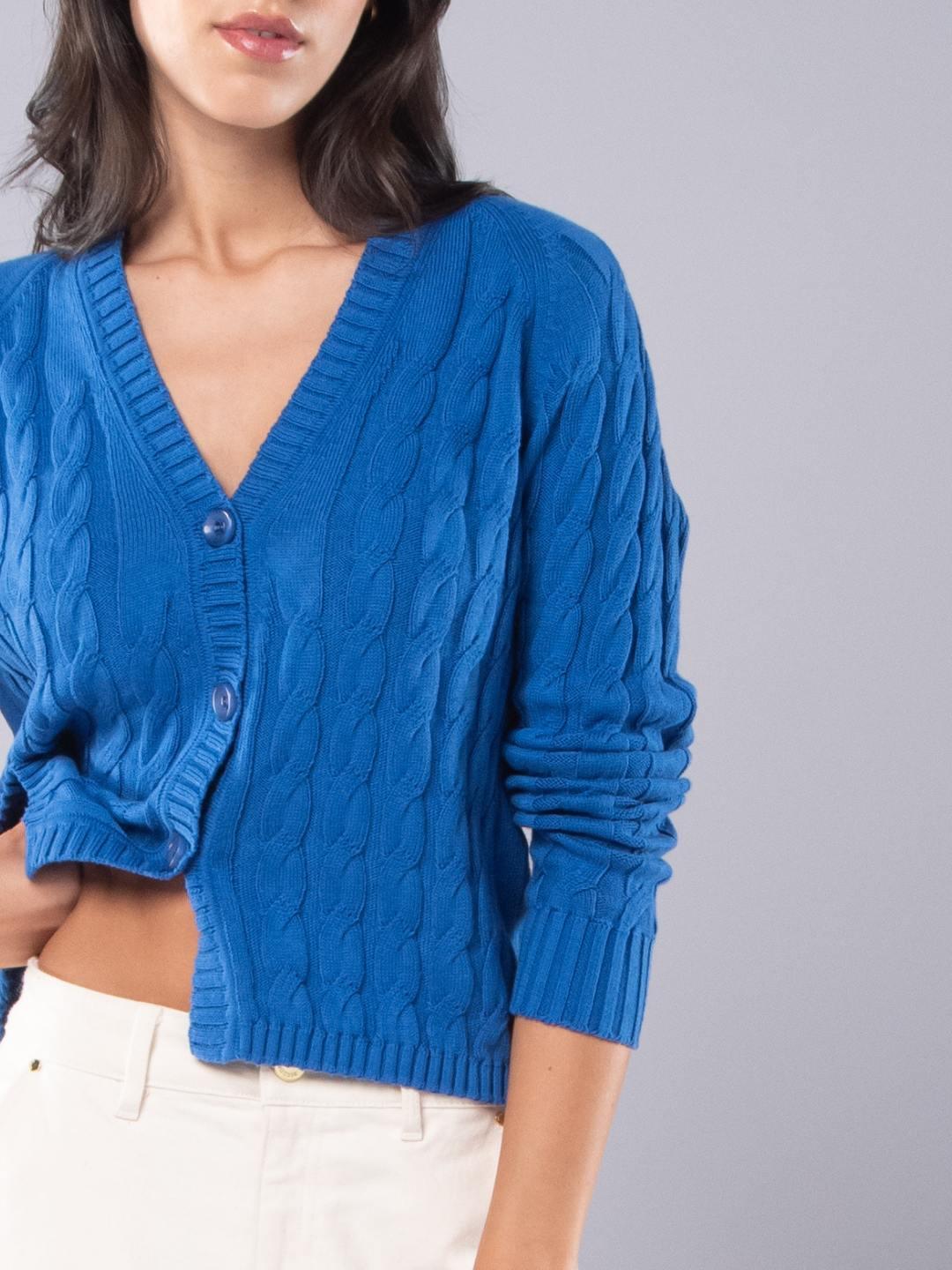 Achega Knitwear Chaquetas - Chaqueta azul cobalto de mujer en algodón orgánico con escote en V