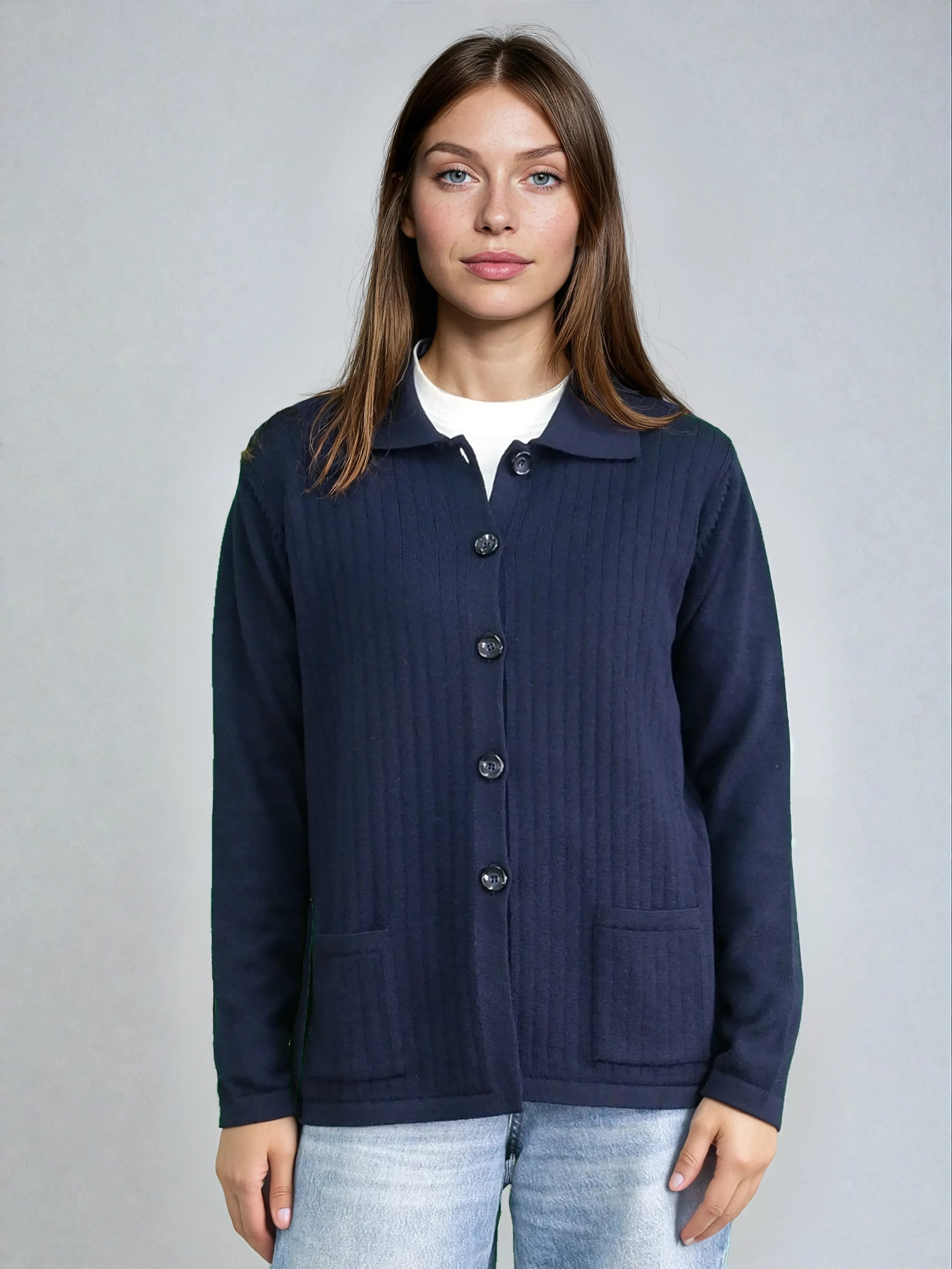 Cane Cardigan with Shirt Collar and Merino Wool Buttons Navy Blue