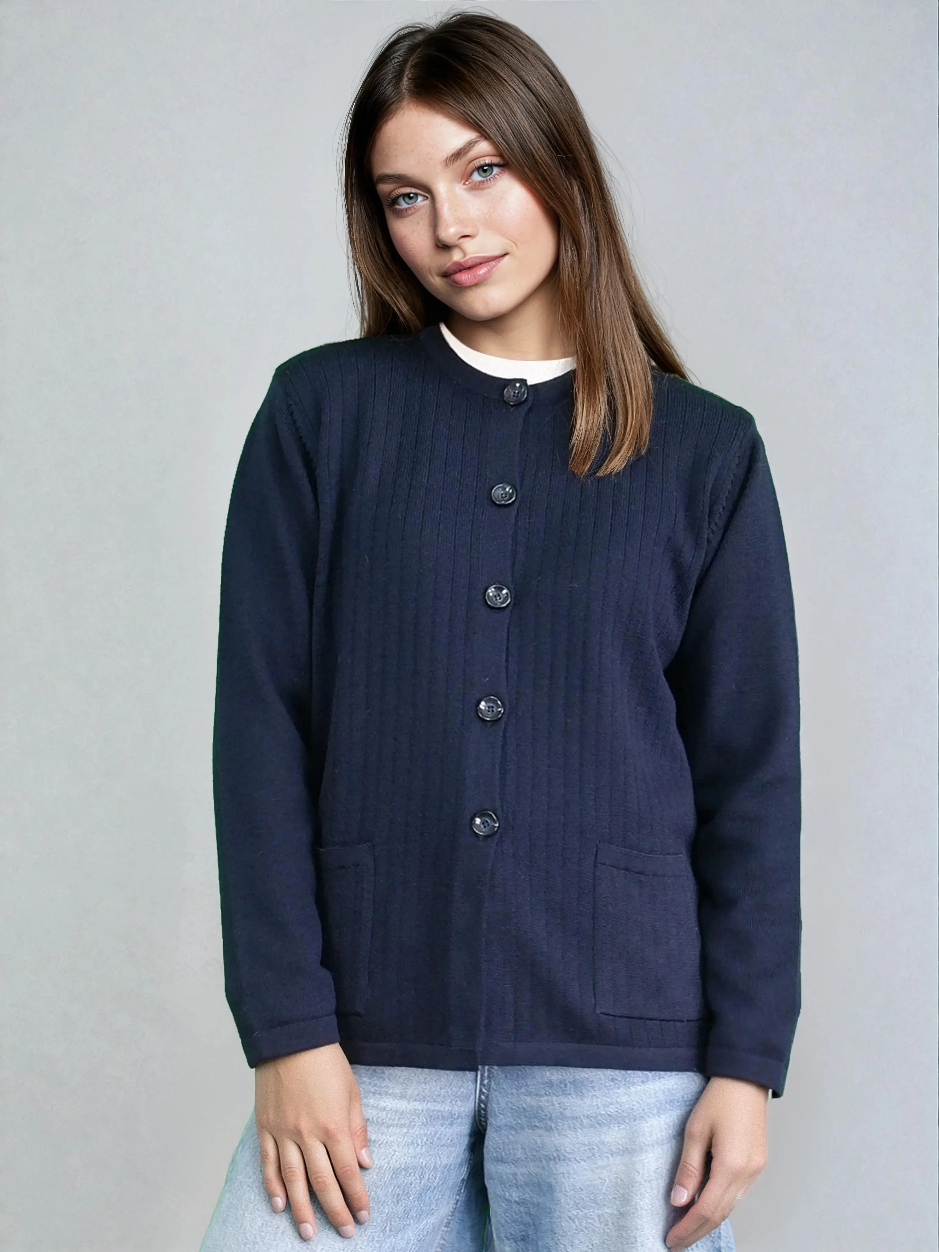 Cane Cardigan with Merino Wool Buttons Navy Blue