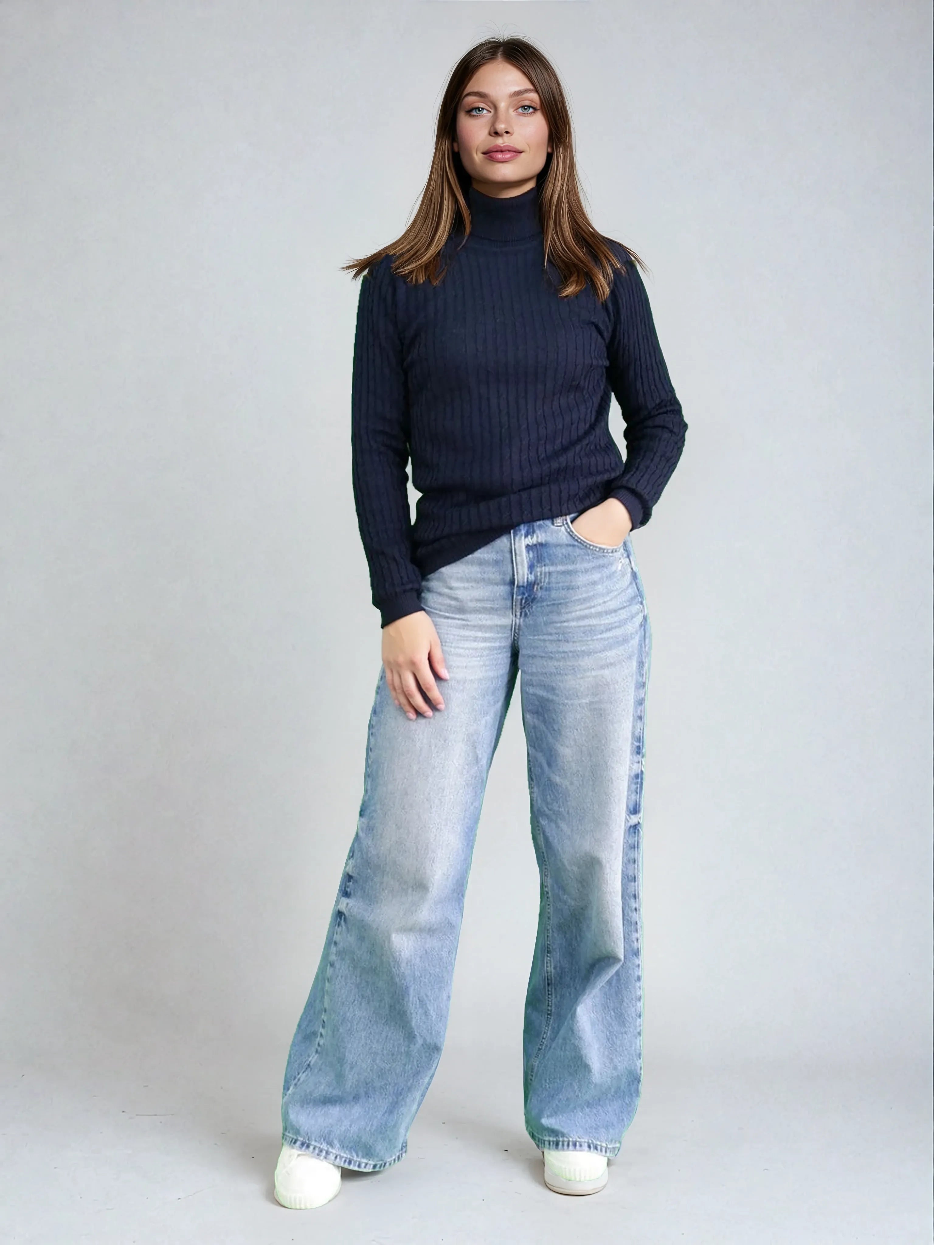 Structured Merino Wool Turtleneck Sweater - Navy Blue