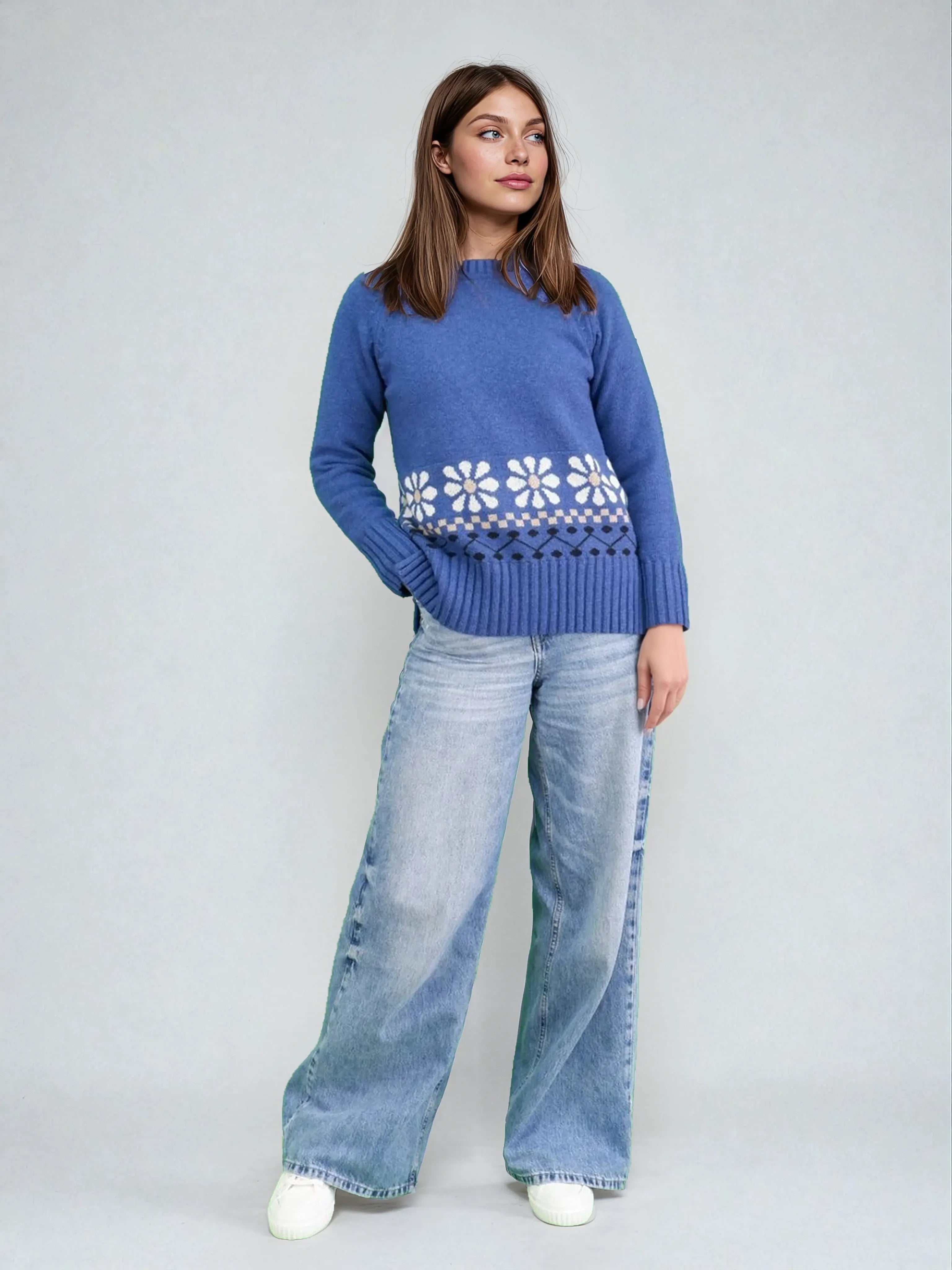 Jacquard Round Neck Sweater - Denim Blue