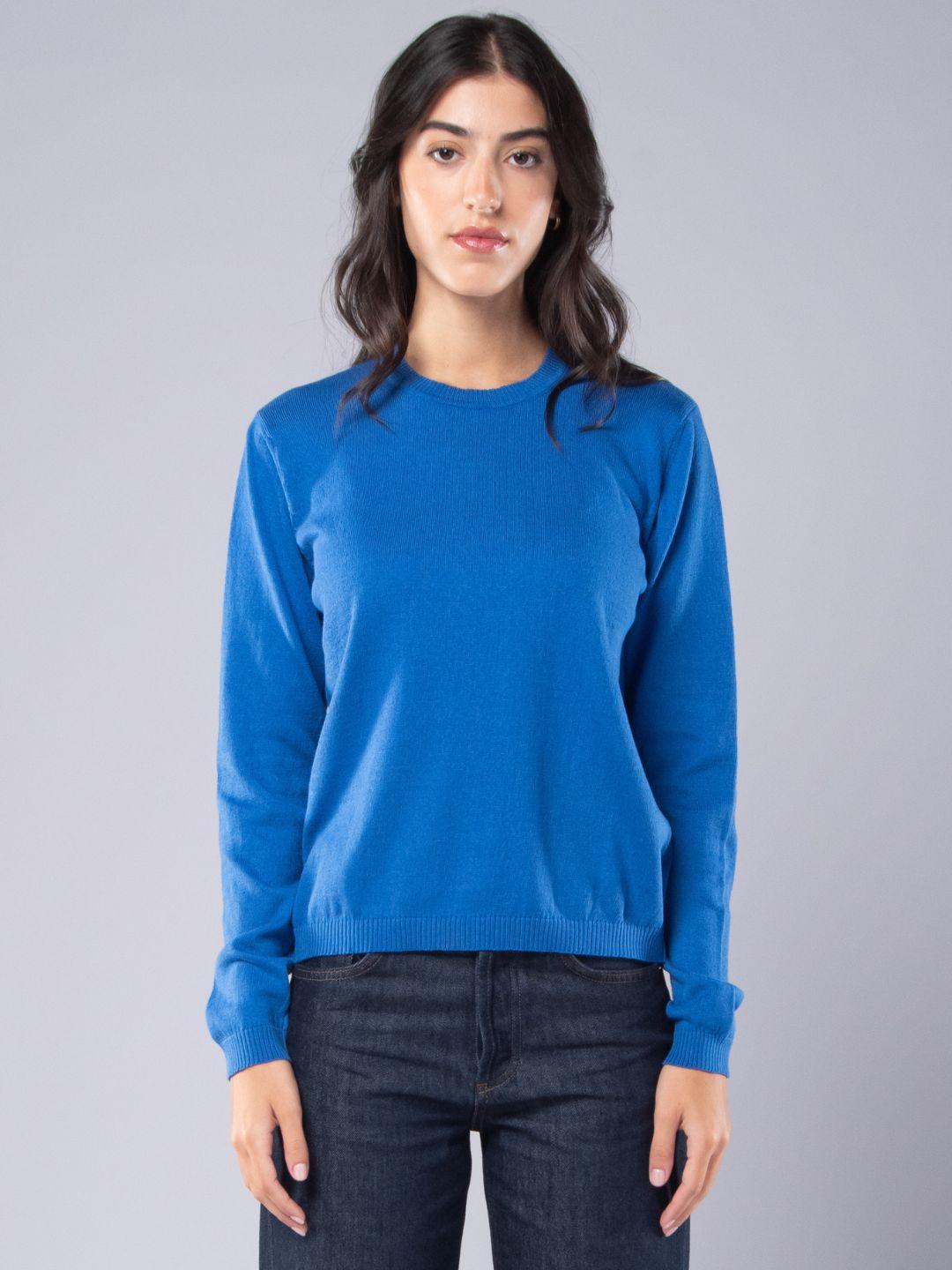 Achega Knitted Sweaters - Jersey de punto para mujer en algodón orgánico con escote redondo en color azul cobalto