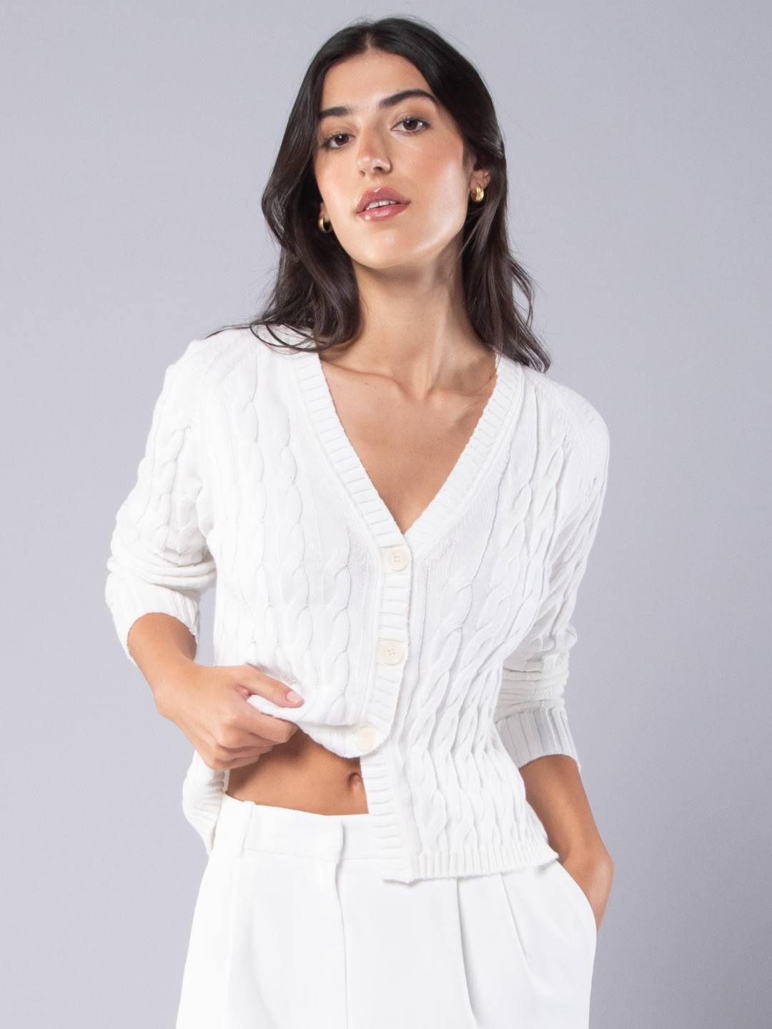 Achega Knitwear Jackets - Cardigan women's white organic cotton with V-neckline