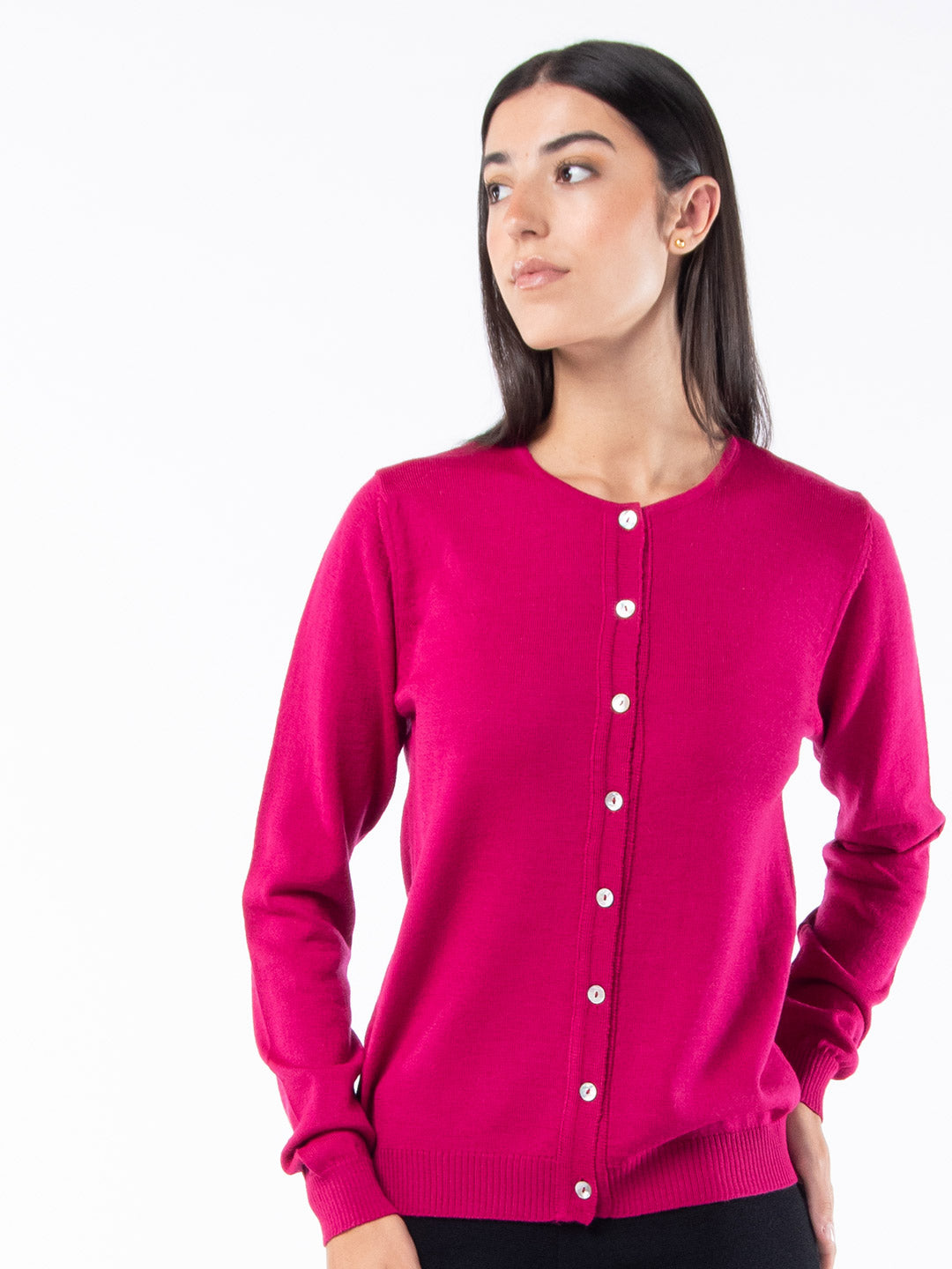 Cardigan with Round Neck in Merino Wool