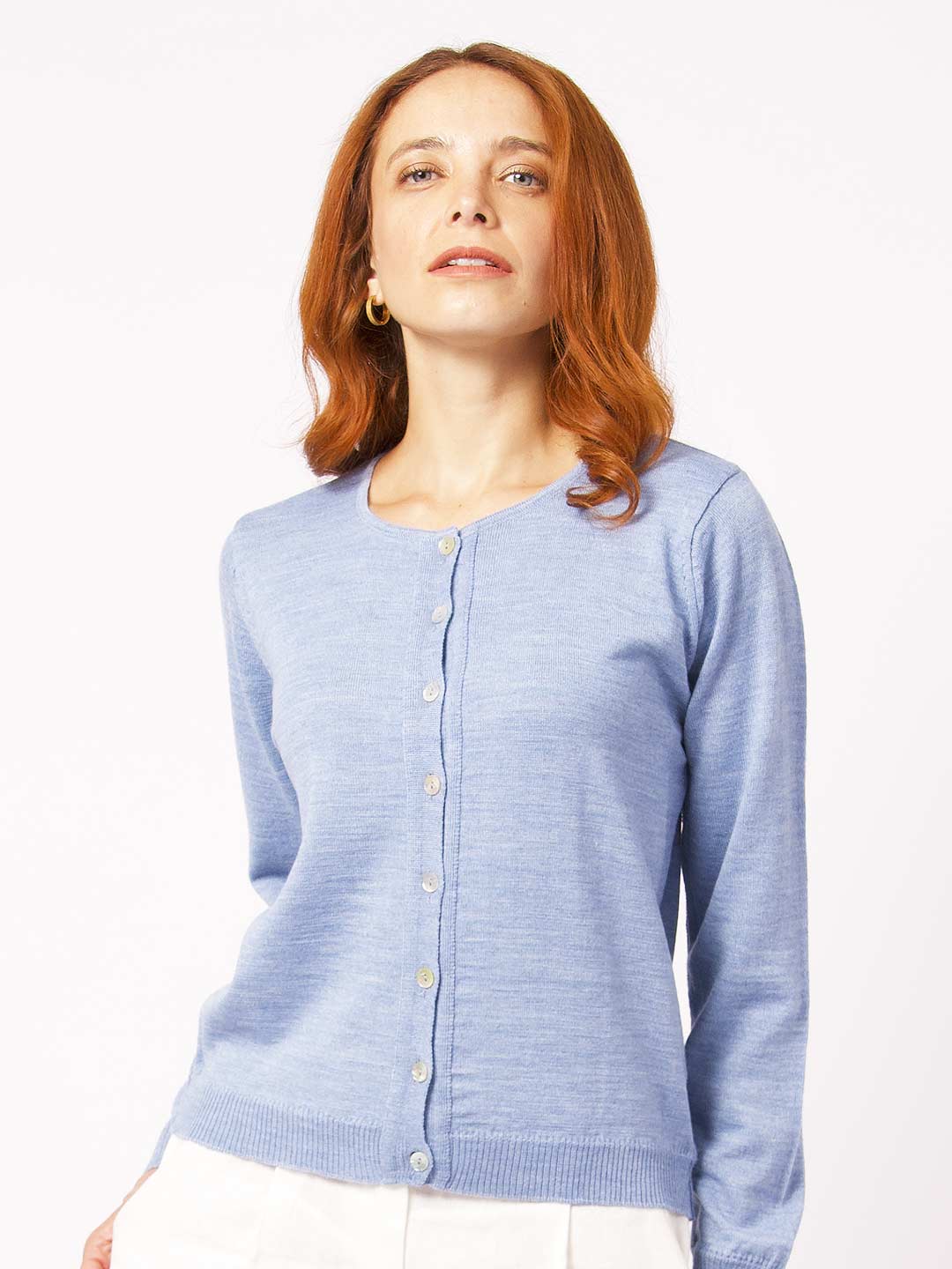 Cardigan with Round Neck in Merino Wool