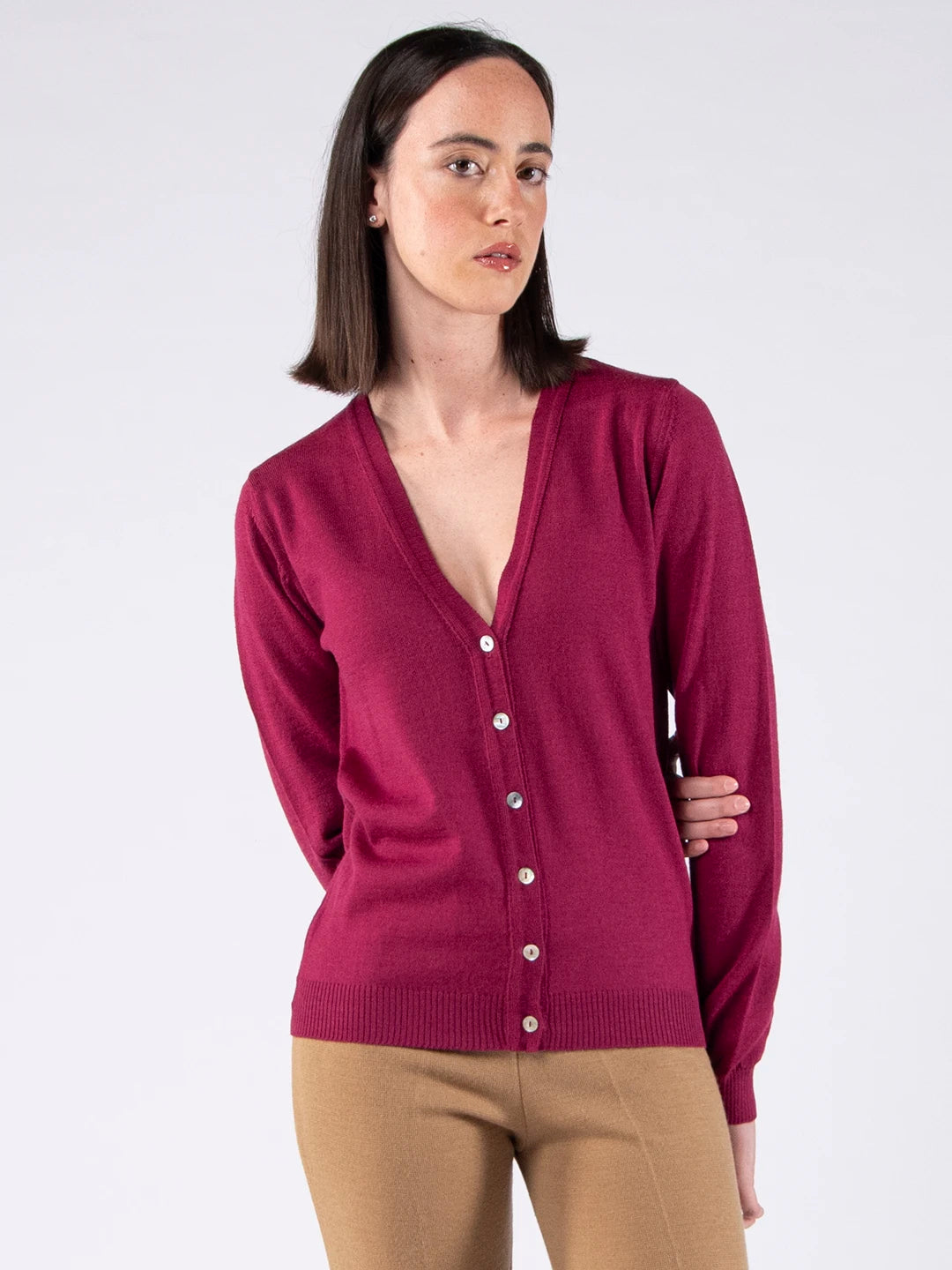 Merino Wool V-Neck Cardigan - Plum