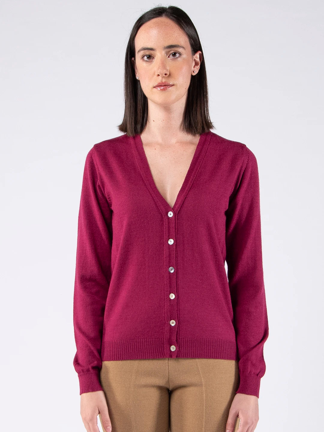 Merino Wool V-Neck Cardigan - Plum