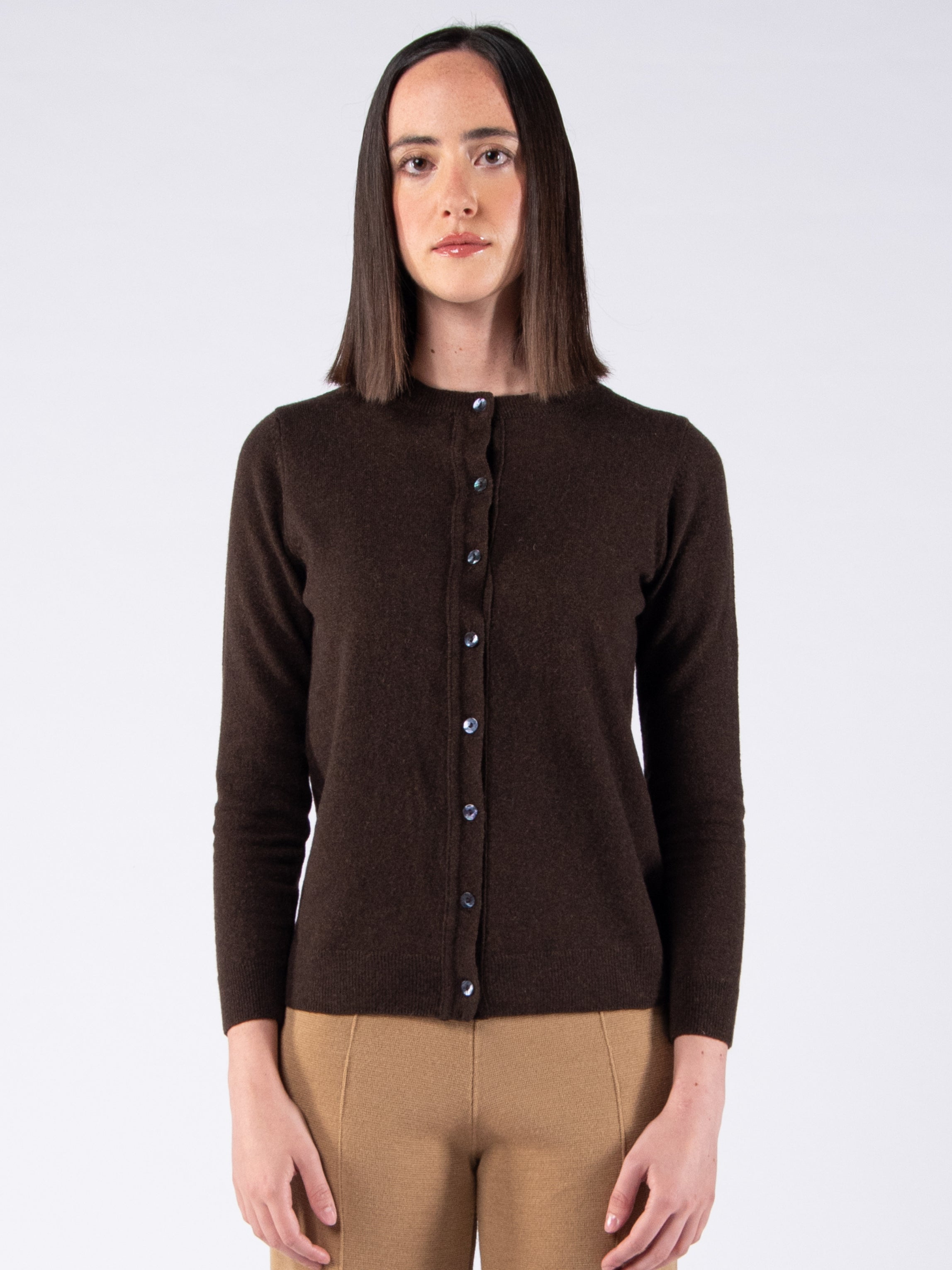 Lambswool Round Neck Cardigan - Brown
