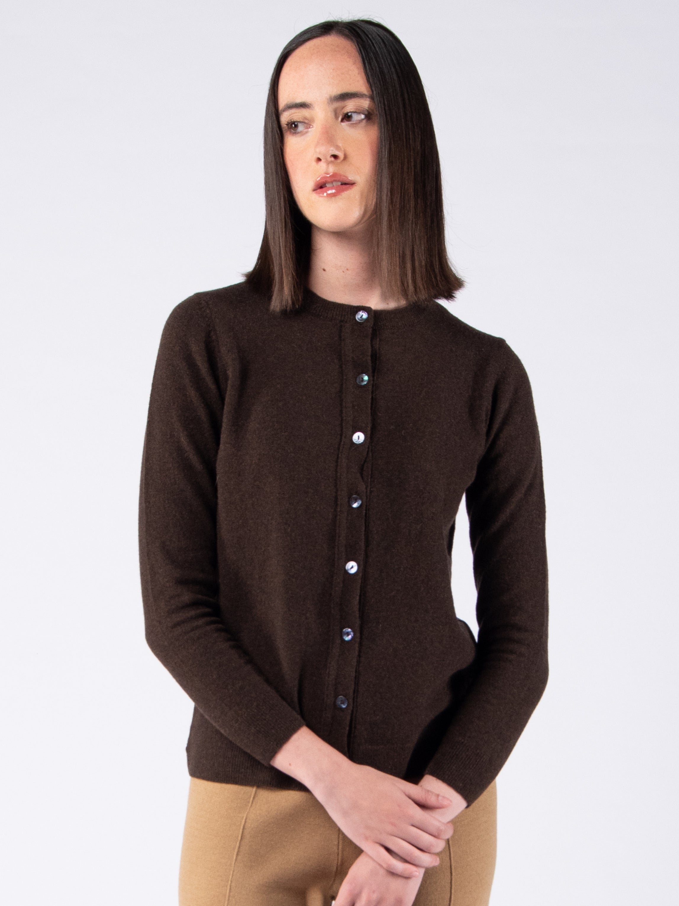 Lambswool Round Neck Cardigan - Brown