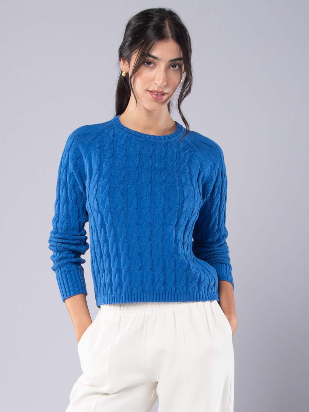 Camisolas de Malha Achega - Camisola de malha para senhora em algodão orgânico na cor azul cobalto