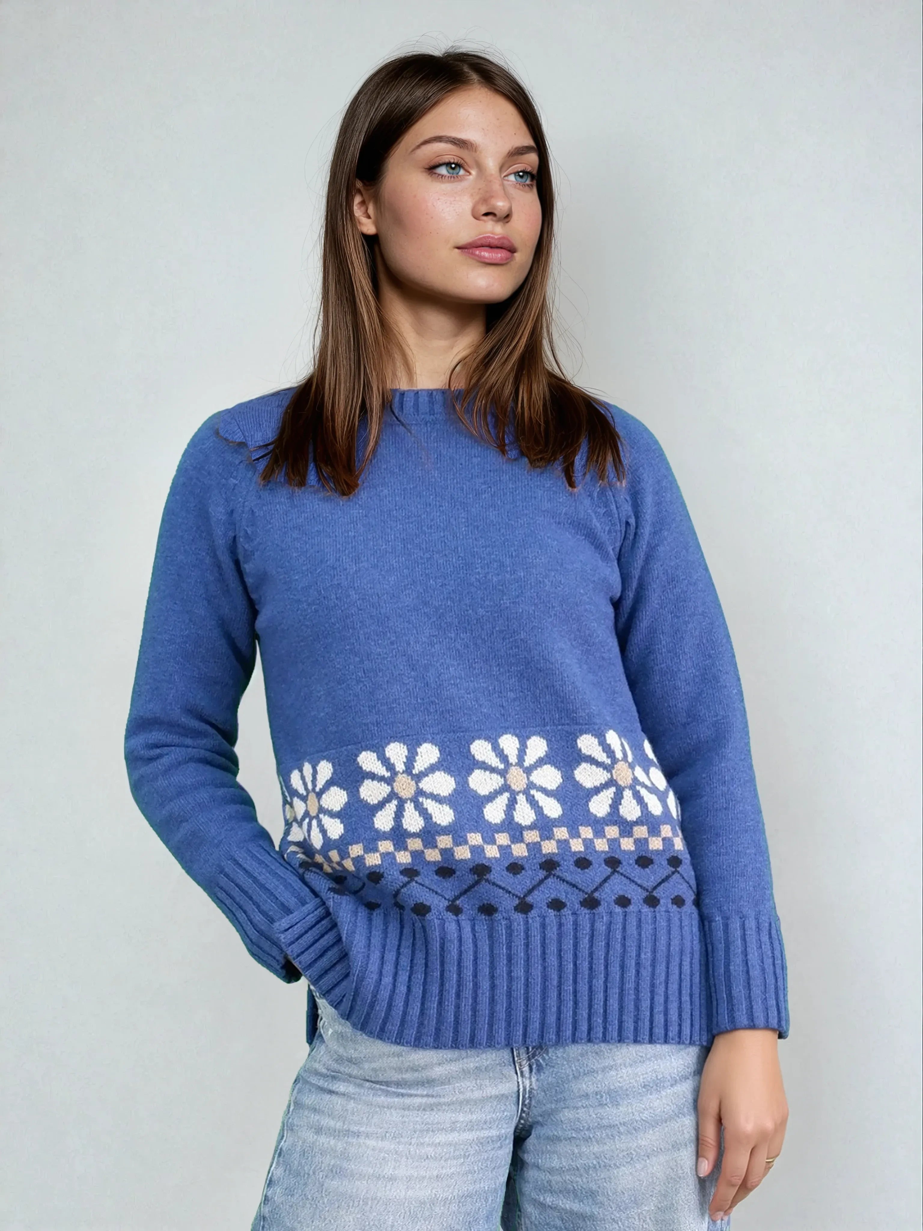 Jacquard Round Neck Sweater - Denim Blue