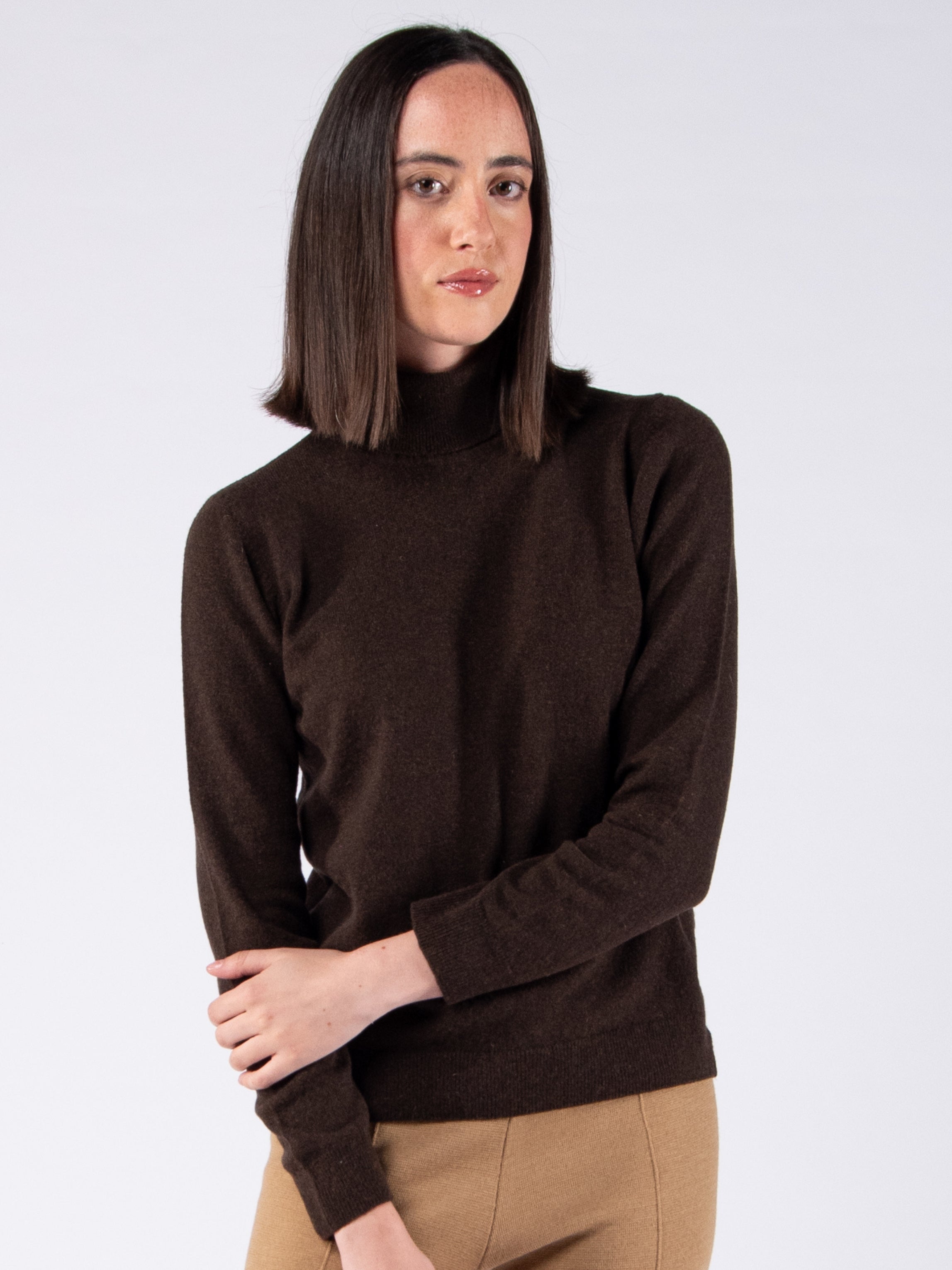 Blusa de Gola Alta em Lambswool - Castanho