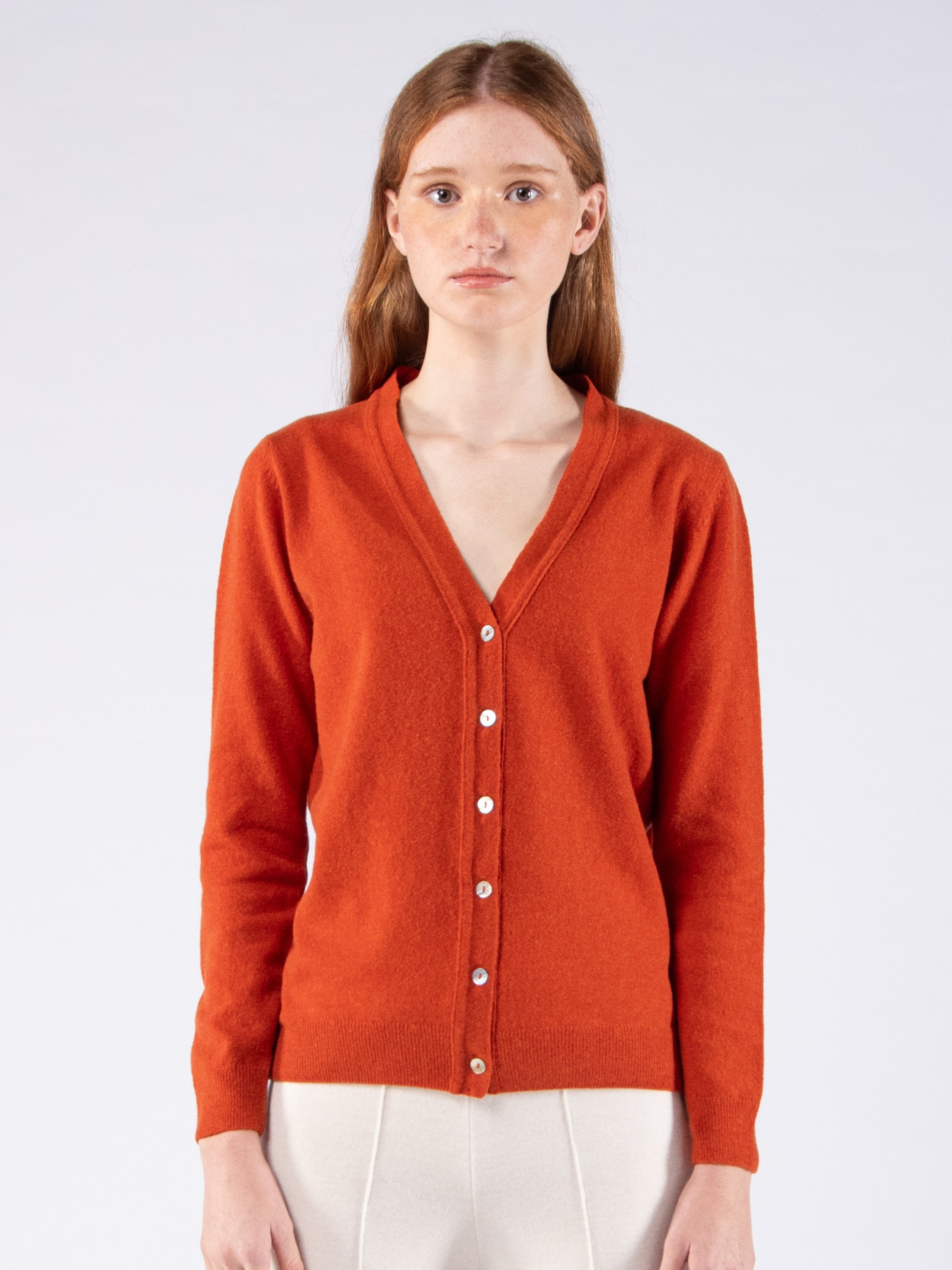 Lambswool V-Neck Cardigan - Terracotta Orange