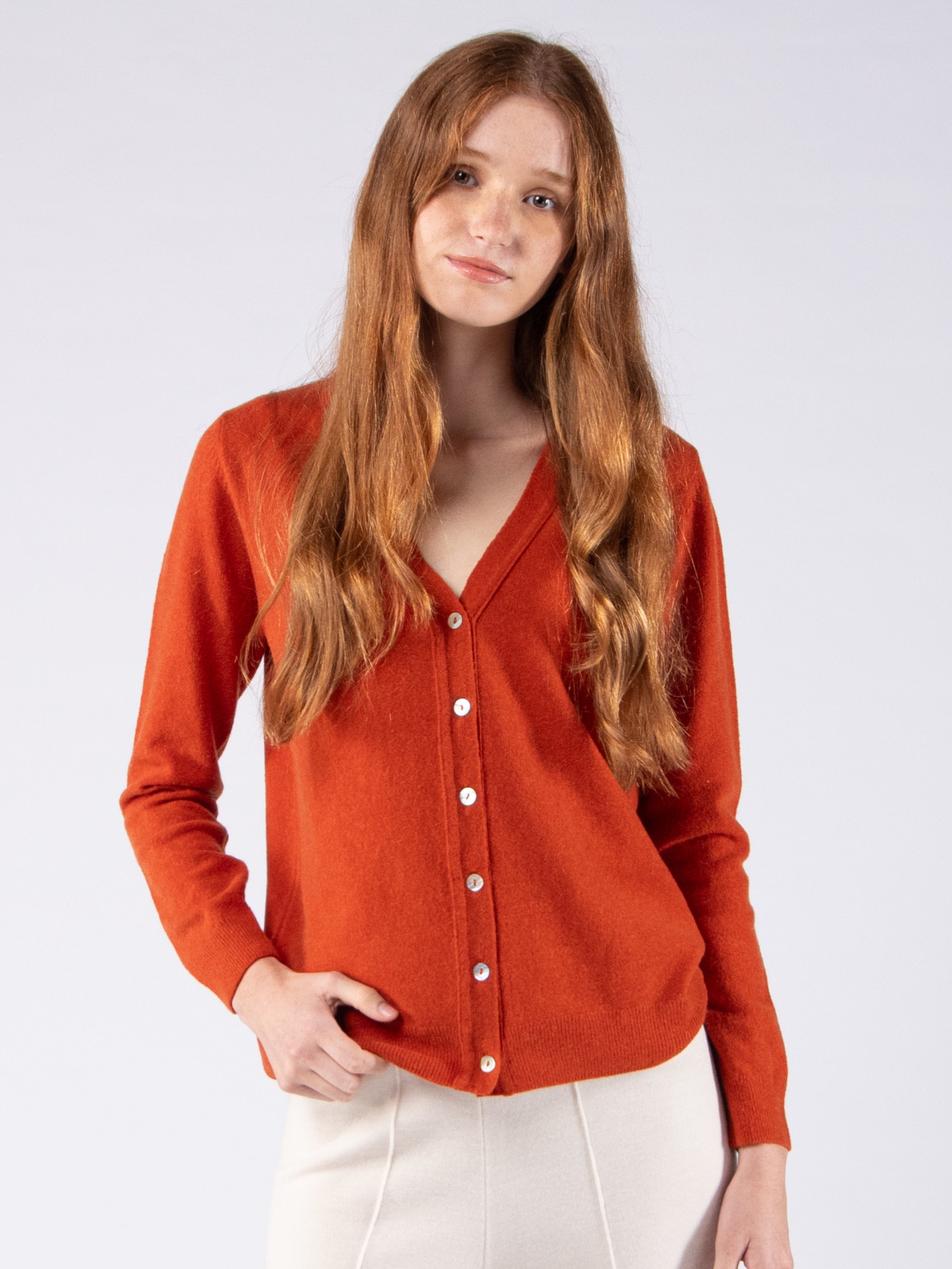 Lambswool V-Neck Cardigan - Terracotta Orange