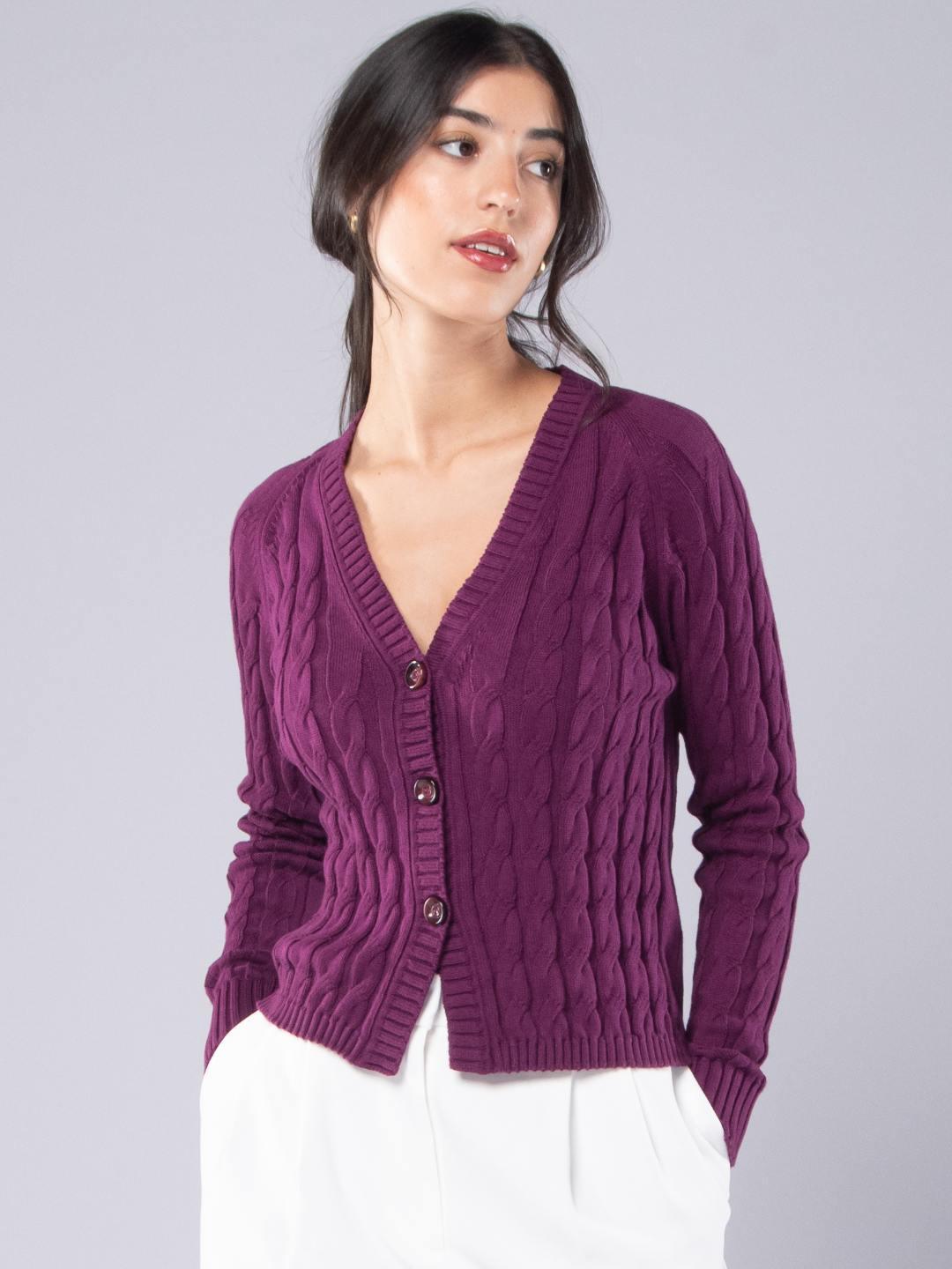 Achega Knitwear Jackets - Cardigan women's beetroot-colored organic cotton with V-neckline