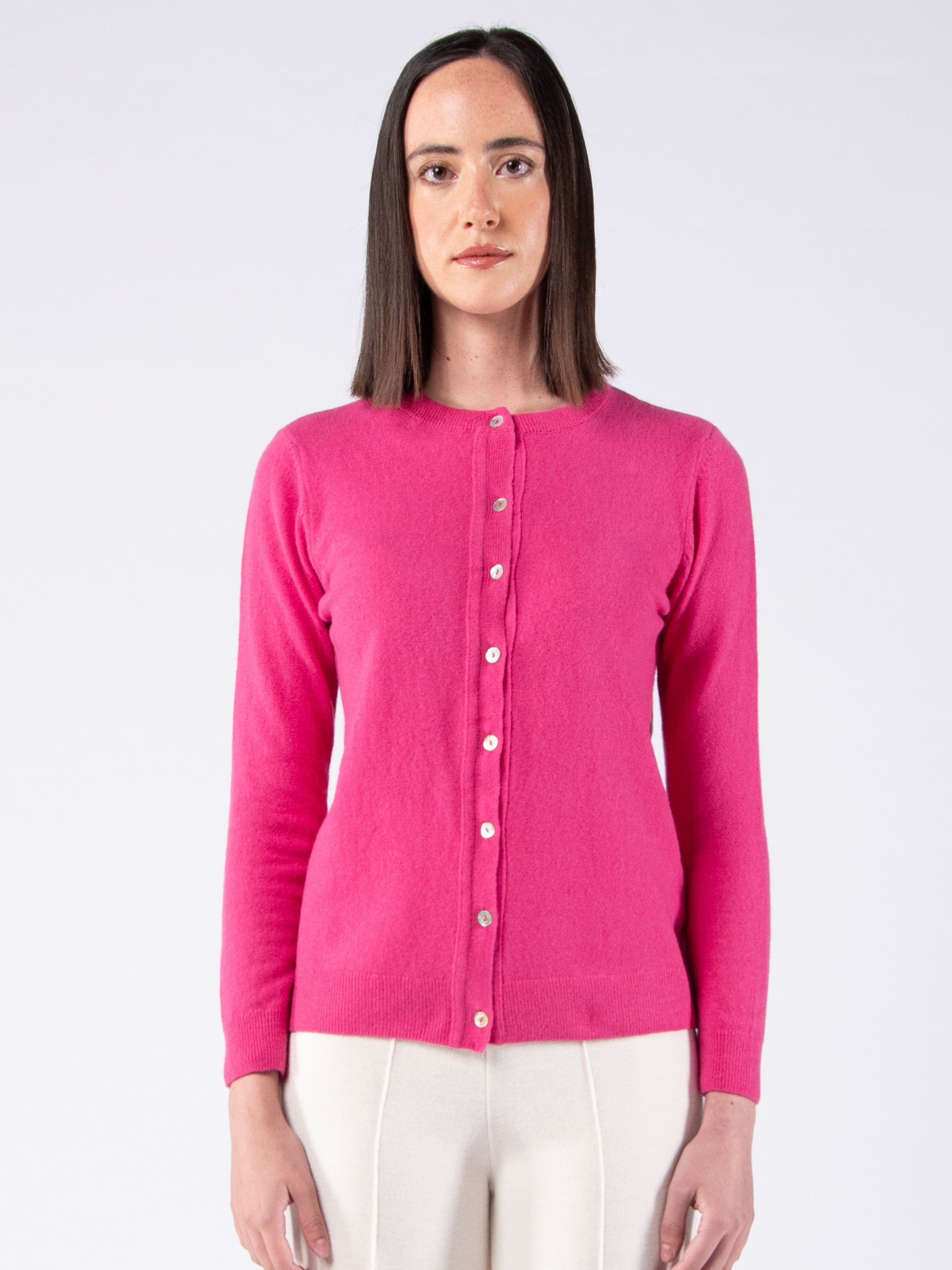 Lambswool Round Neck Cardigan - Fuschia Pink