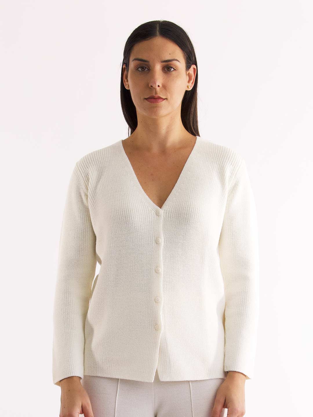 Cardigan with Pearl Knit V-Neck in Merino Wool