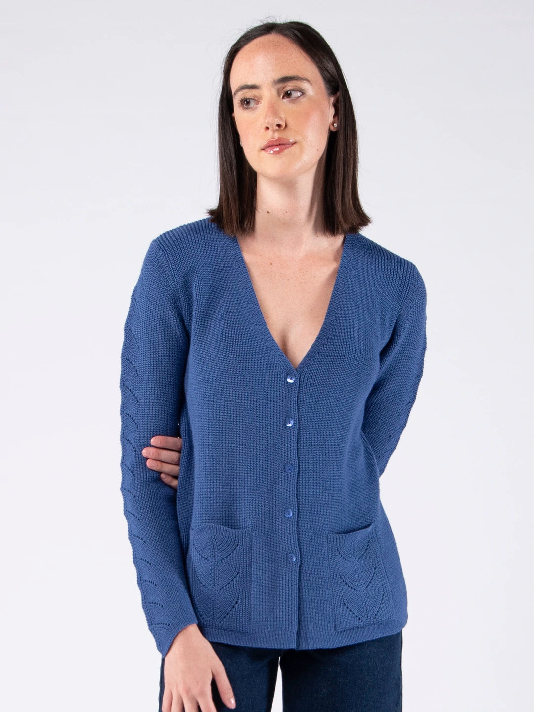 Chaqueta con cuello de pico y bolsillos en lana Merino - Azul vaquero
