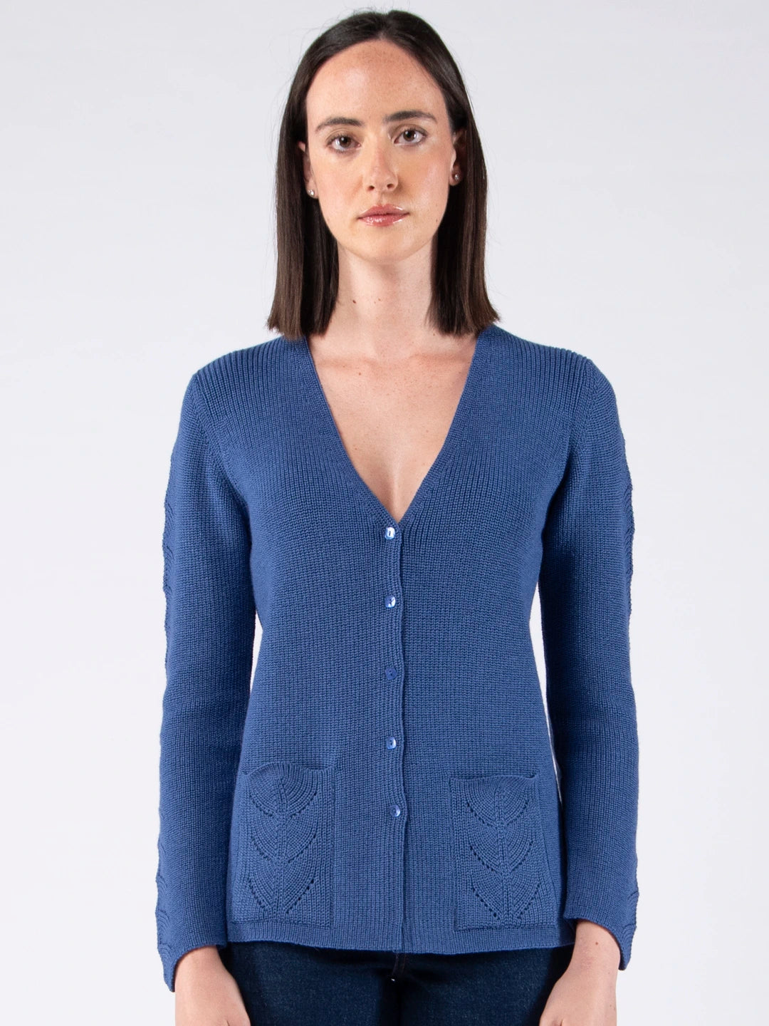 Chaqueta con cuello de pico y bolsillos en lana Merino - Azul vaquero
