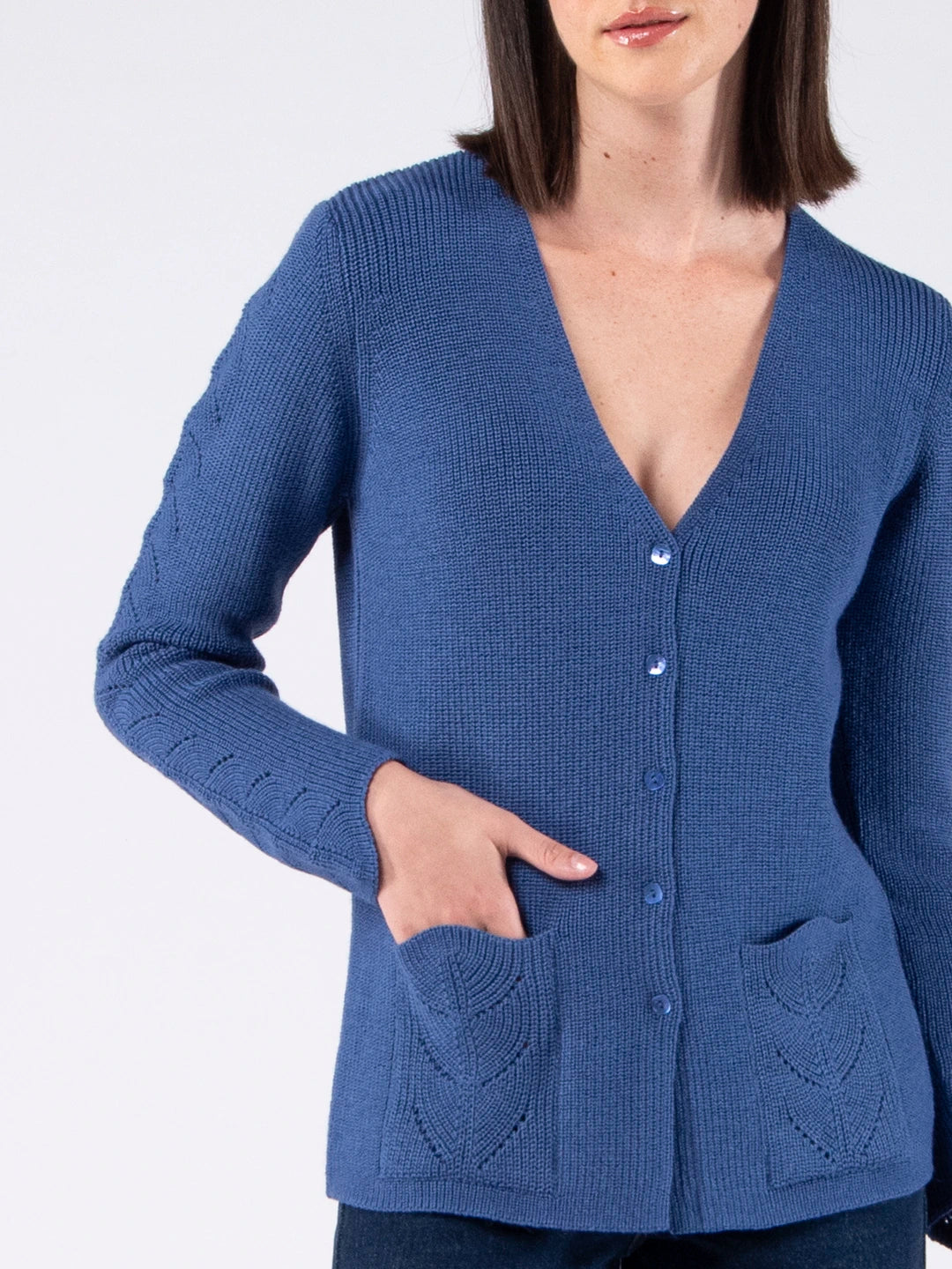 Chaqueta con cuello de pico y bolsillos en lana Merino - Azul vaquero