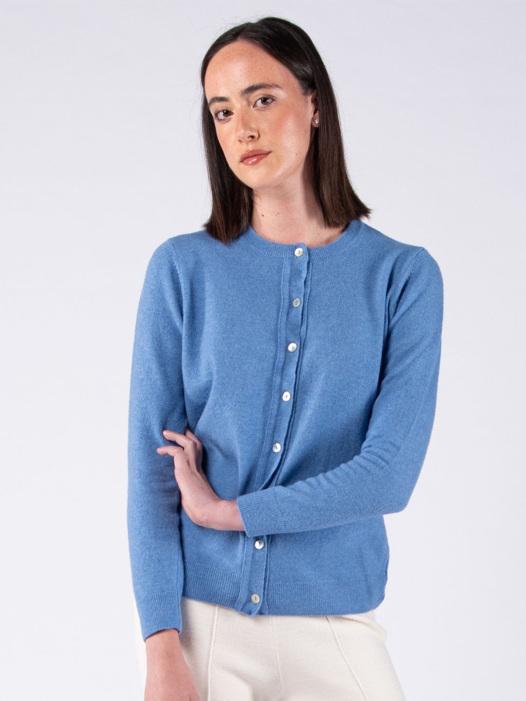 Chaqueta con cuello redondo en lana de cordero - Azul cielo