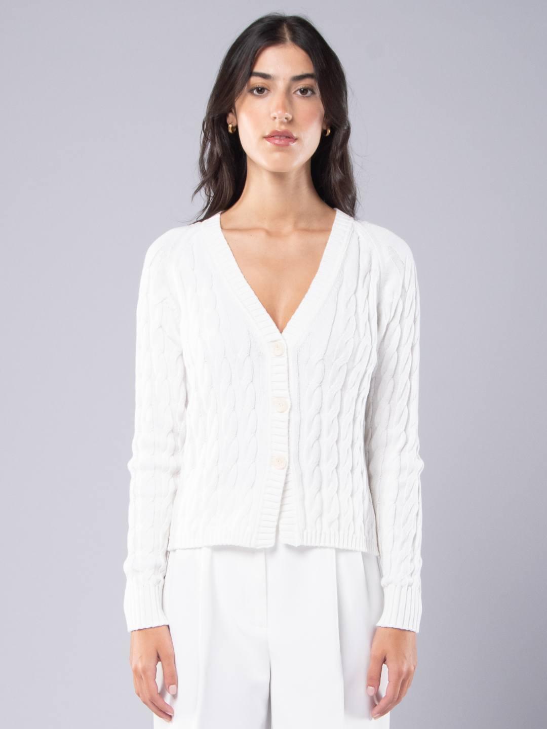 Achega Knitwear Jackets - Cardigan women's white organic cotton with V-neckline