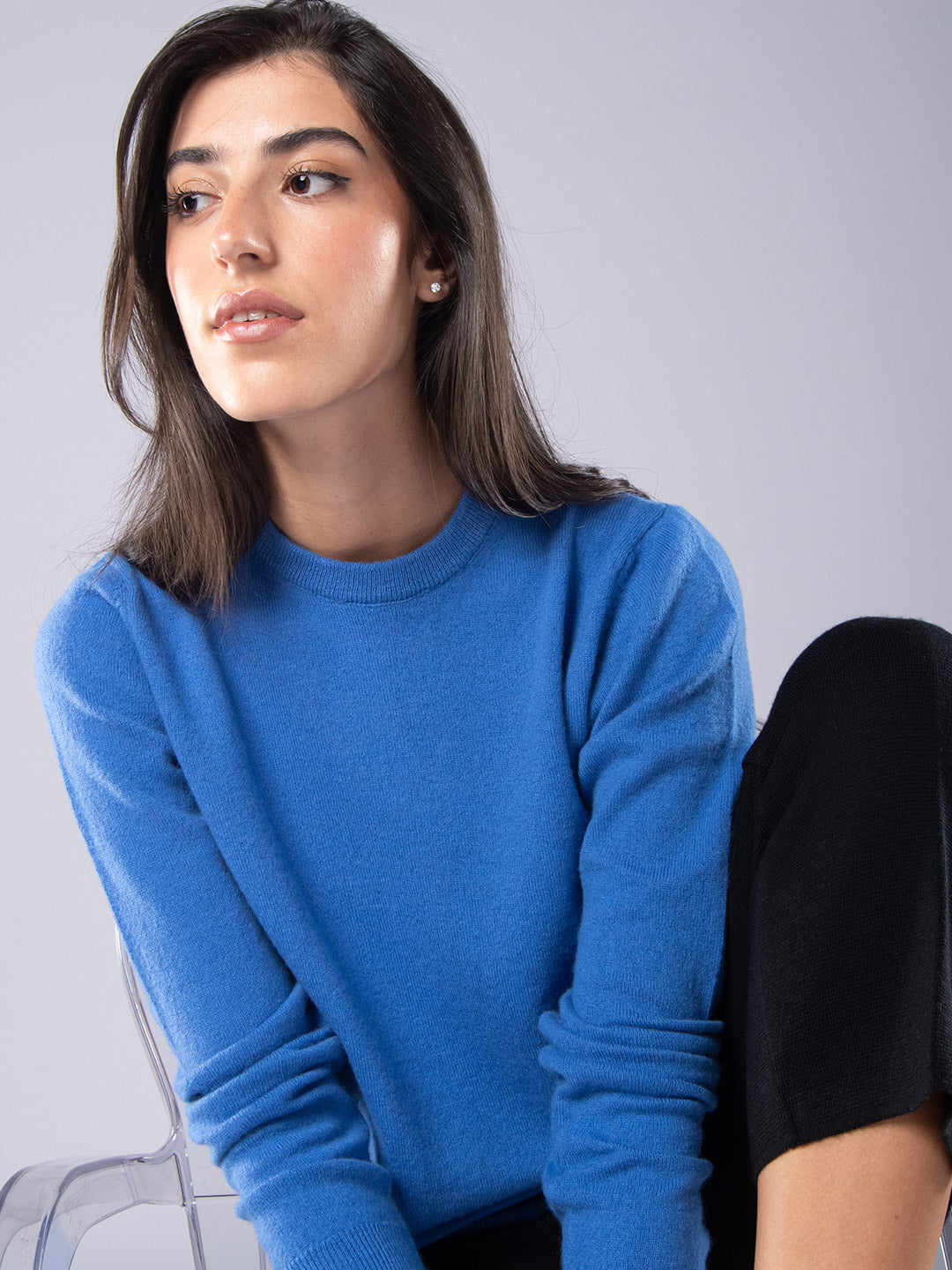 Round Neck Knit Sweater Cashmere Cobalt Blue