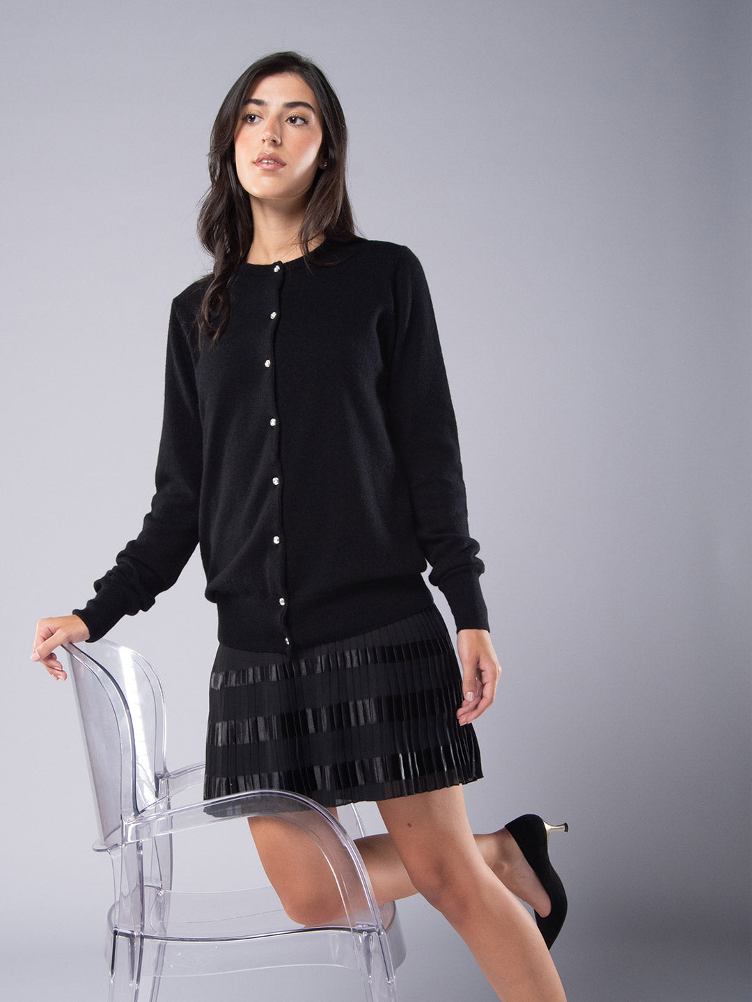 Cardigan mesh at Cashmere with black crystal buttons