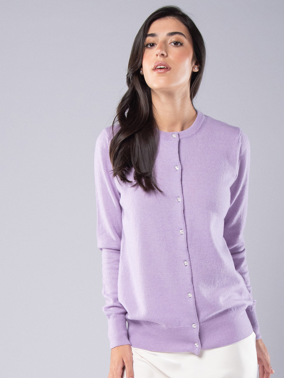 Cardigan Knitted at Cashmere with Lavender Crystal Buttons