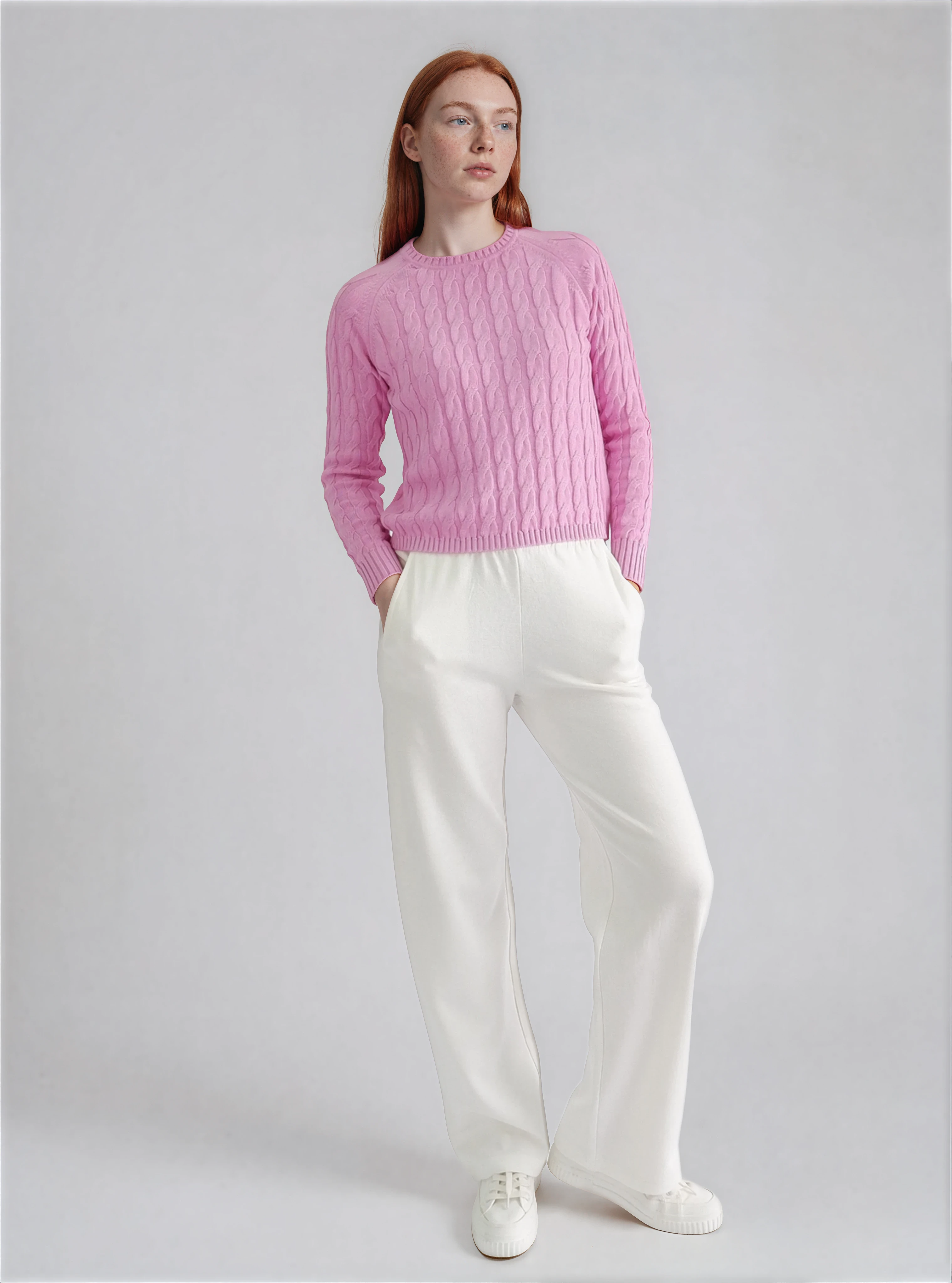 Jersey de punto blanco con trenzas de algodón orgánico - Rosa