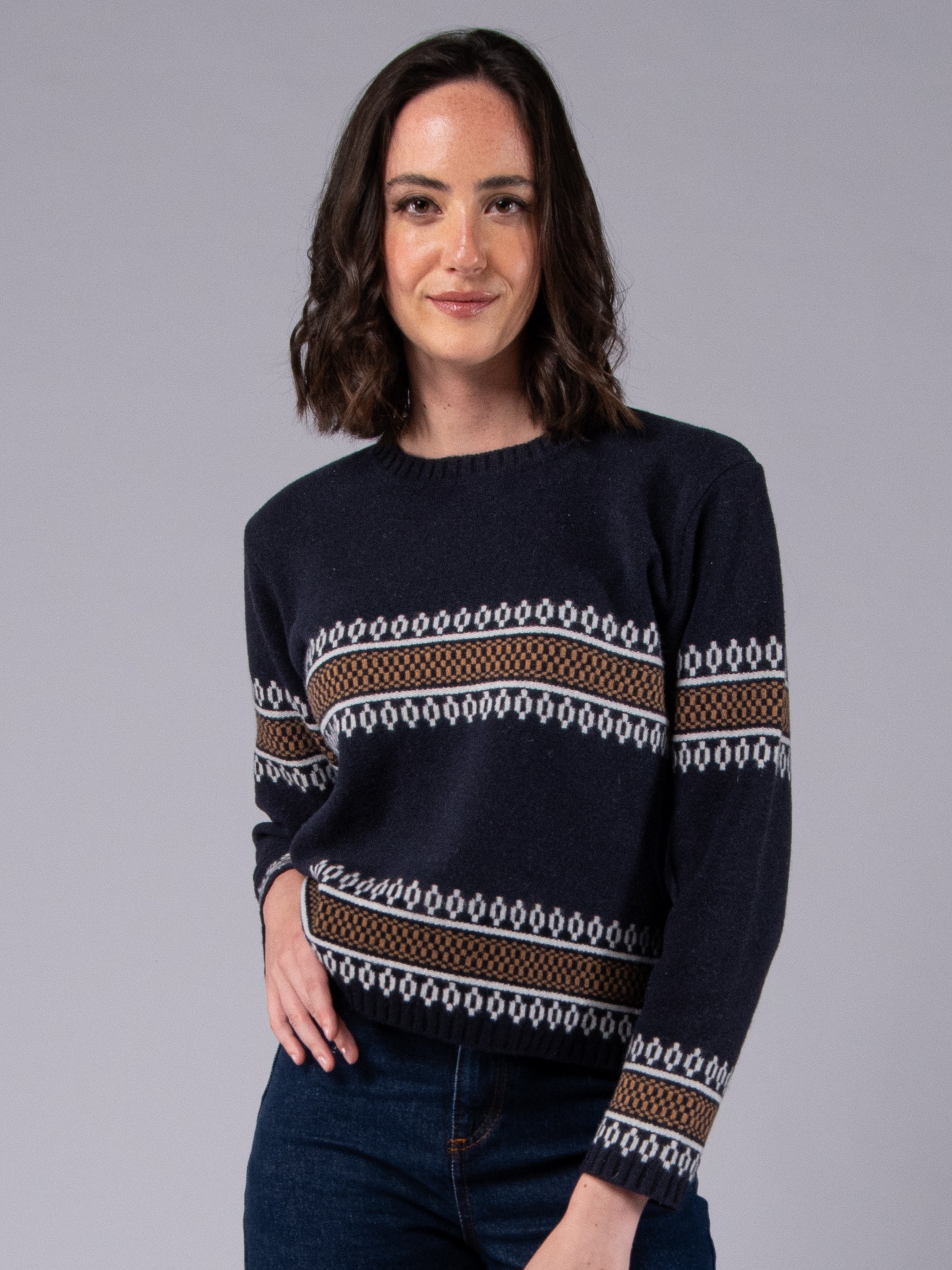 Camisola de Malha Jacquard Étnico - Azul Marinho