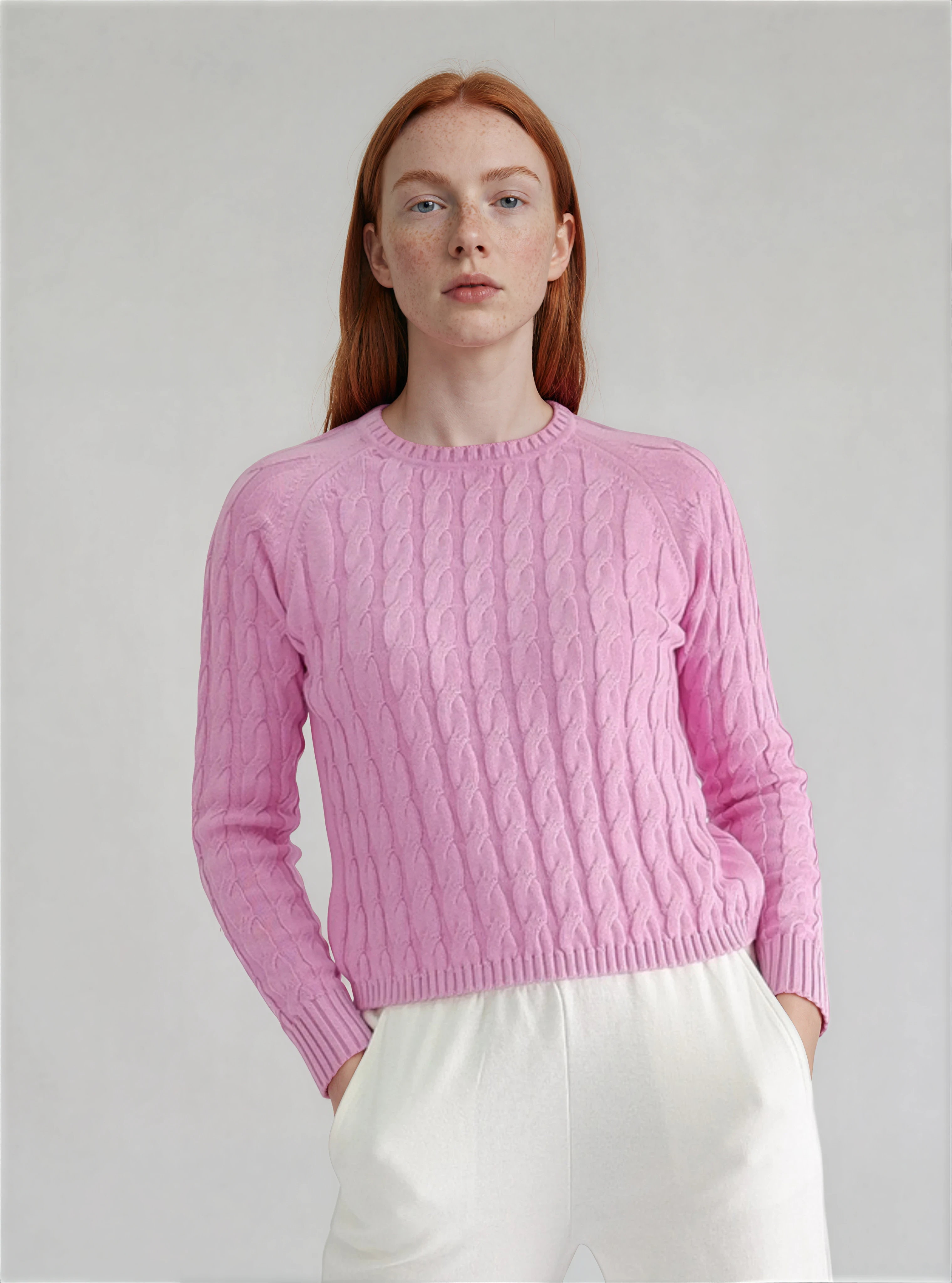 Jersey de punto blanco con trenzas de algodón orgánico - Rosa