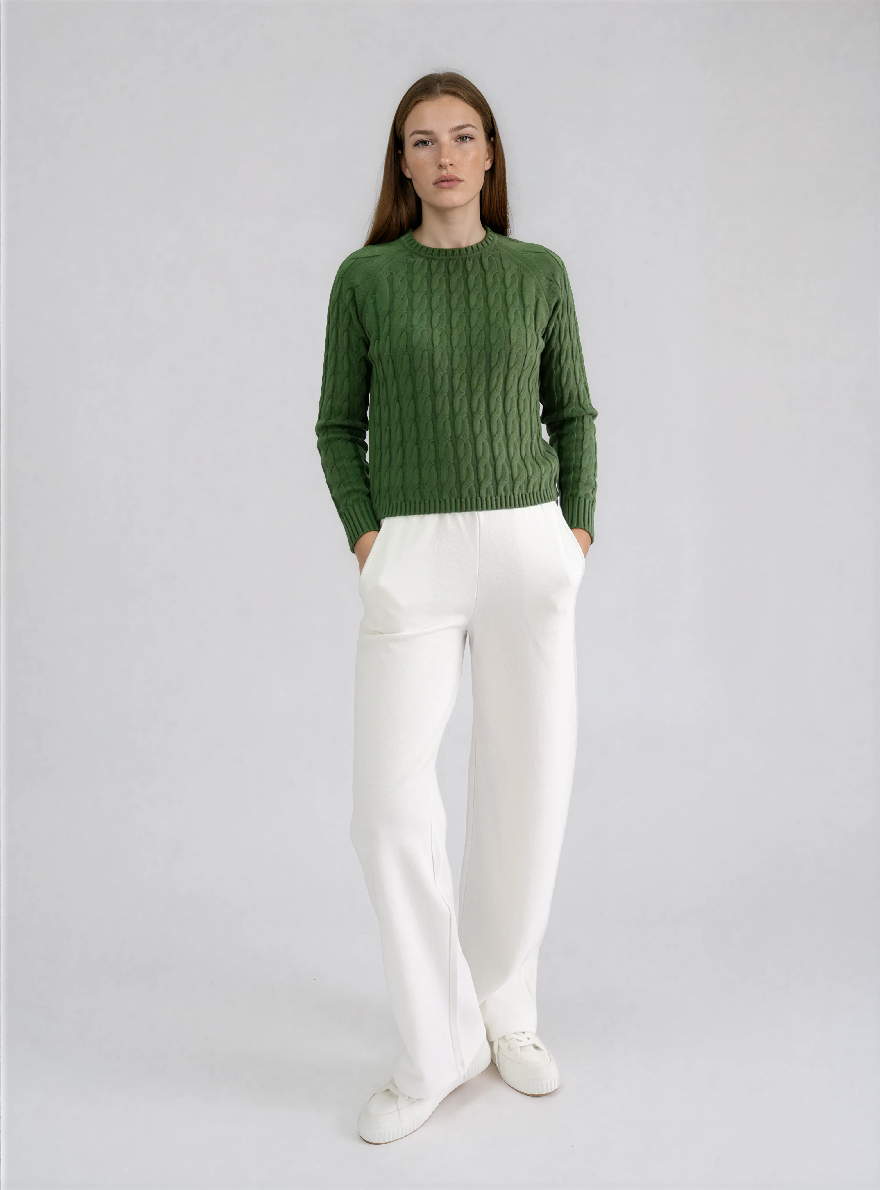 Jersey de punto blanco con trenzas de algodón orgánico - Verde oliva