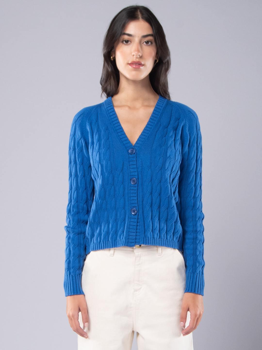 Achega Knitwear Chaquetas - Chaqueta azul cobalto de mujer en algodón orgánico con escote en V