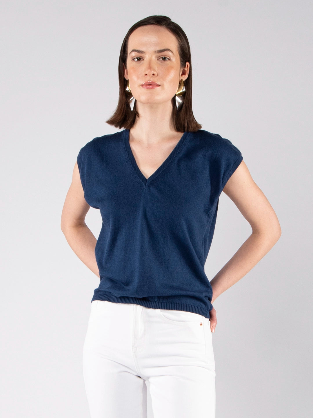 Camisola Decote V Ultraleve Azul Marinho em Fio de Algodão Orgânico GOTS