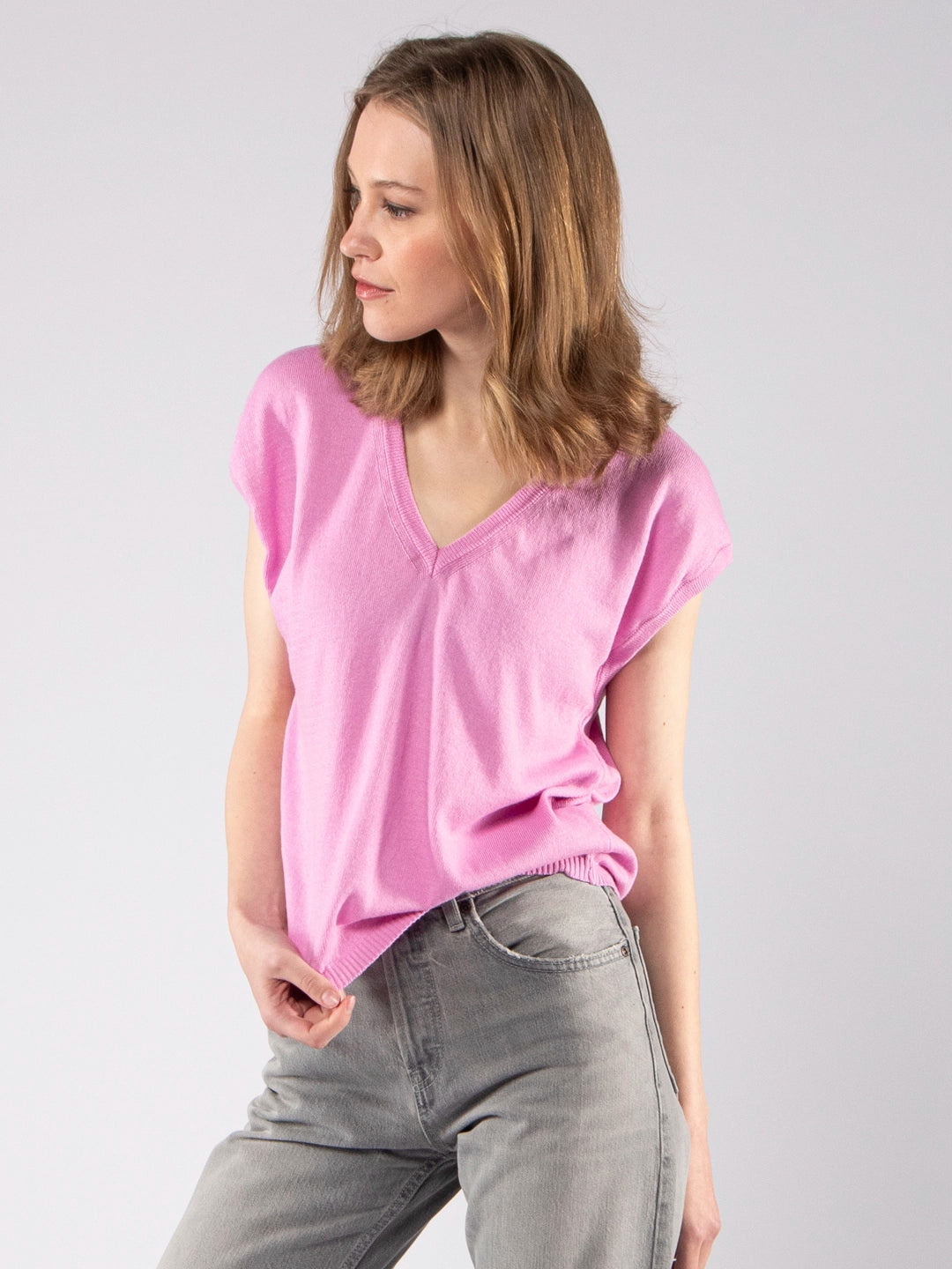 Camisola Decote V Ultraleve Rosa em Fio de Algodão Orgânico GOTS