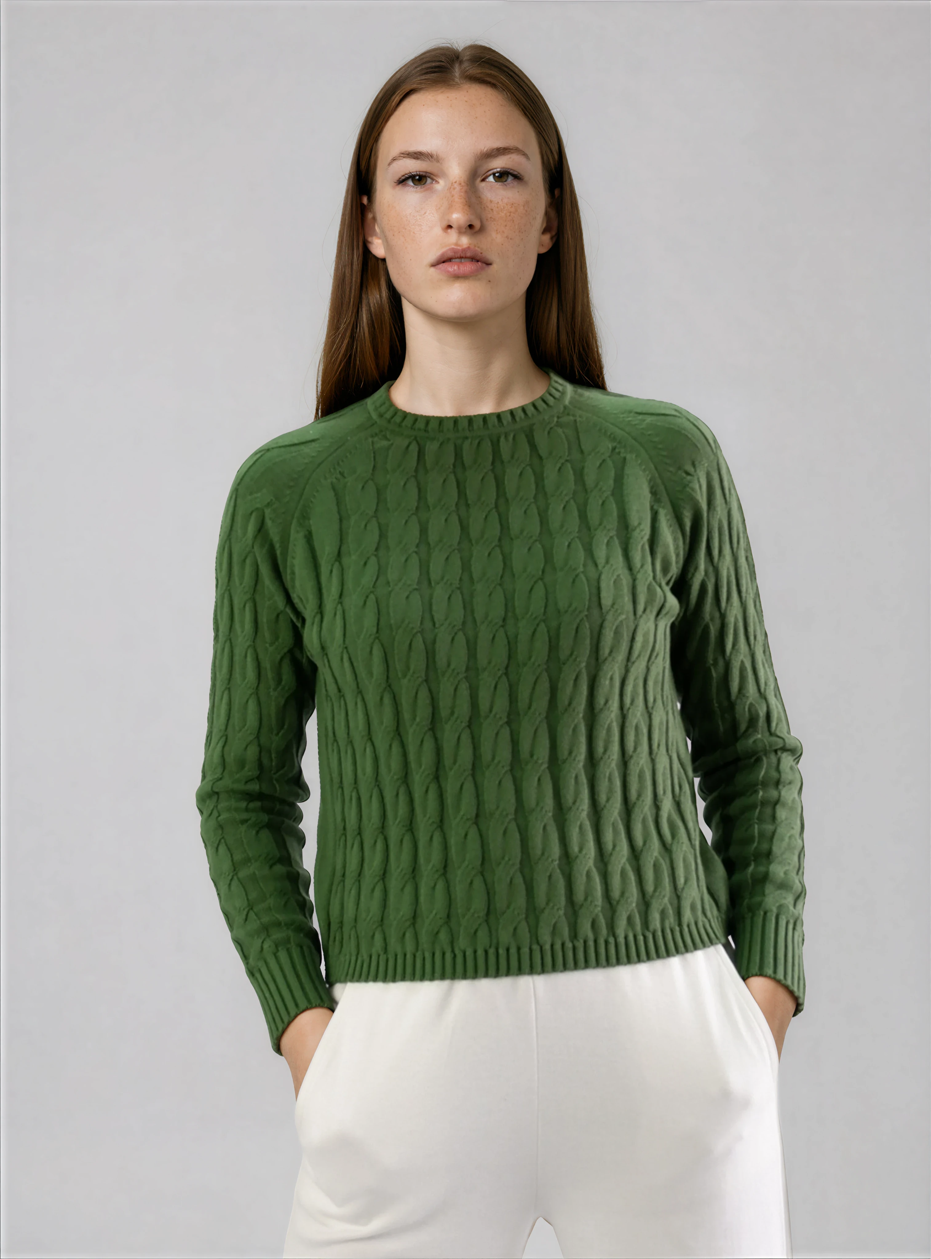 Jersey de punto blanco con trenzas de algodón orgánico - Verde oliva