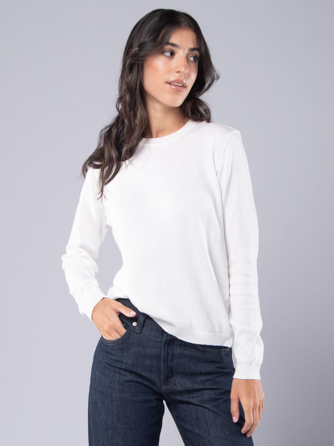 Achega Knitted Sweaters - Jersey de punto para mujer en algodón orgánico con escote redondo en color blanco