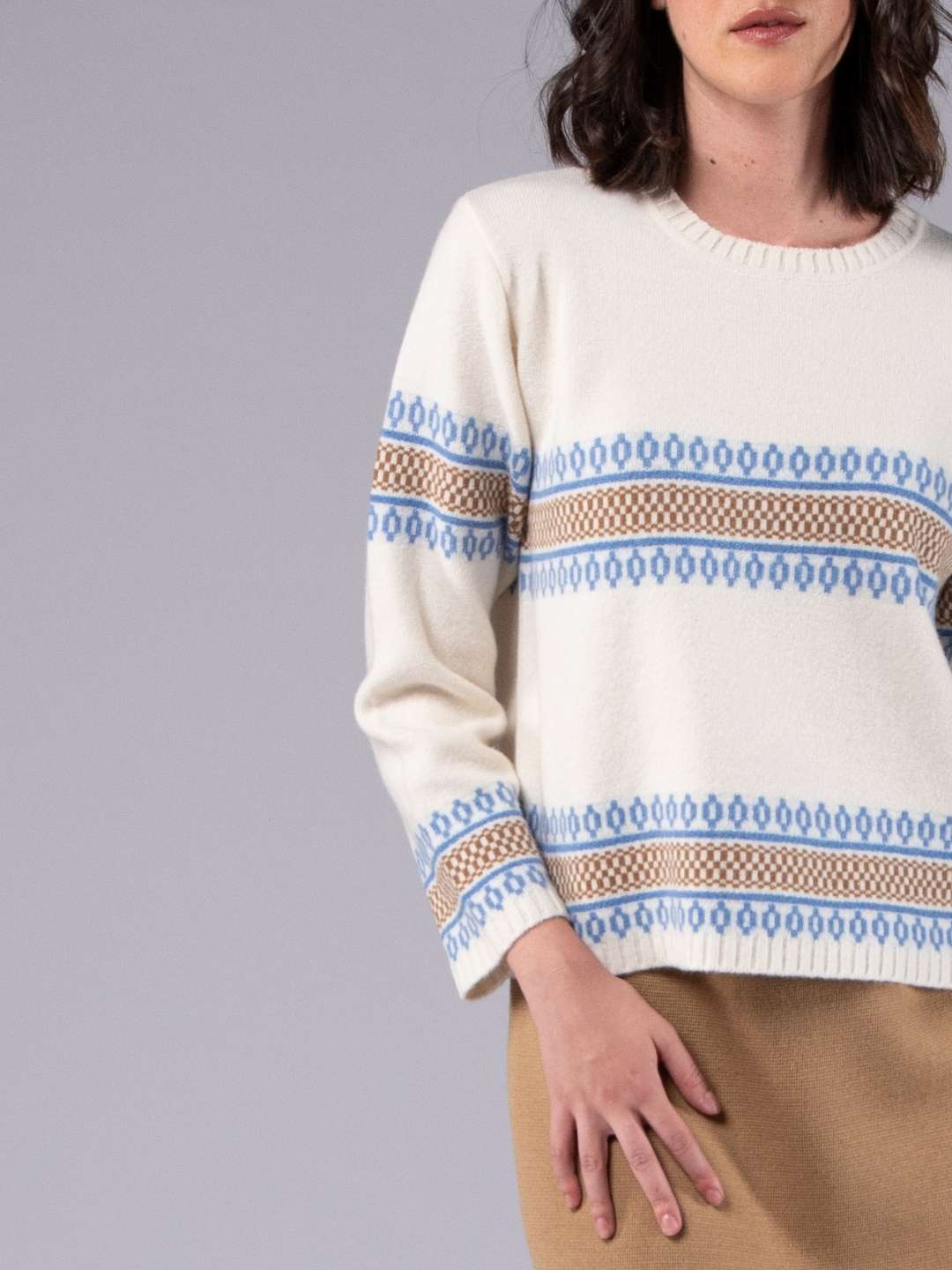 Camisola de Malha Jacquard Étnico - Branco Pérola