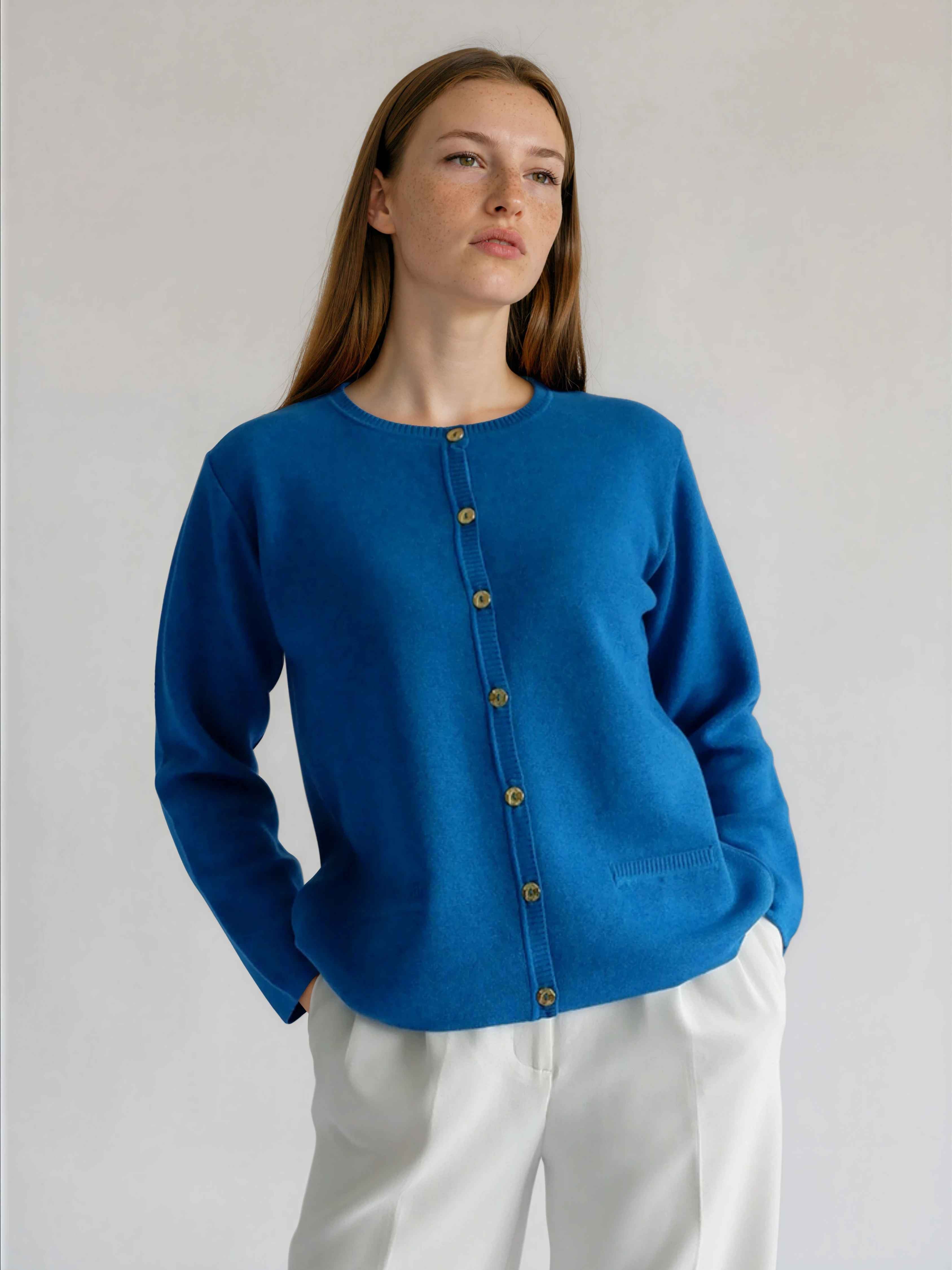 Casaco de Malha Roma em Lã Merino e Algodão Orgânico - Azul Petróleo