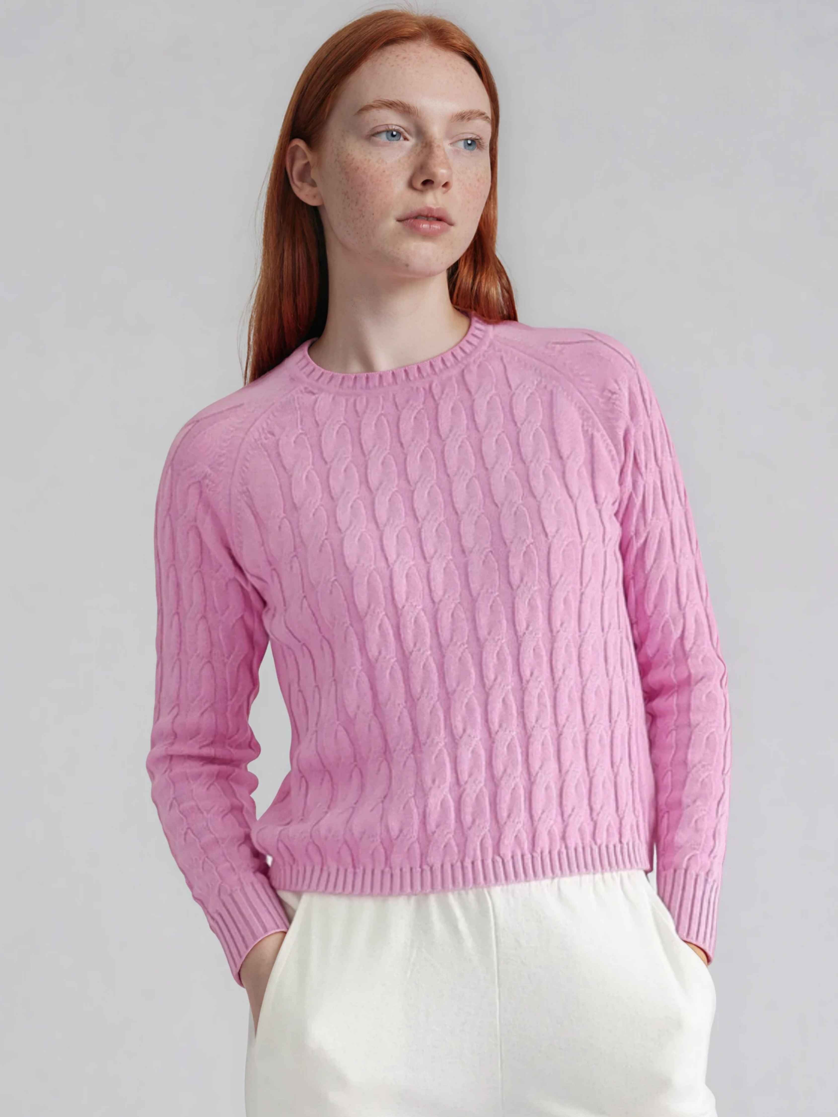 Jersey de punto blanco con trenzas de algodón orgánico - Rosa