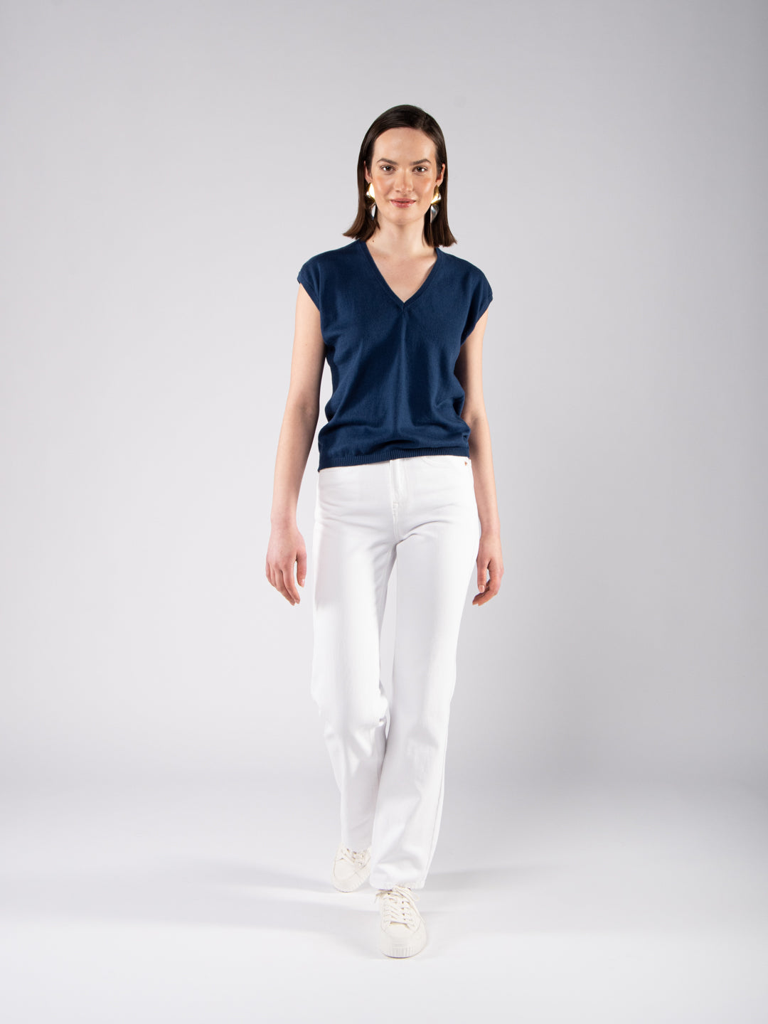 Camisola Decote V Ultraleve Azul Marinho em Fio de Algodão Orgânico GOTS