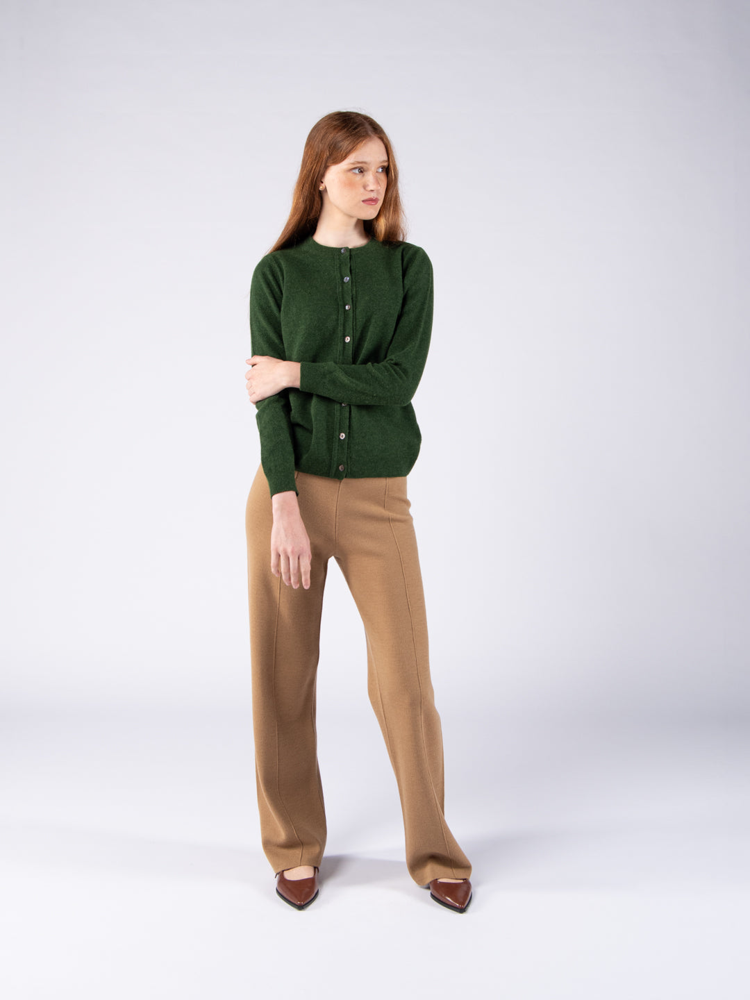 Lambswool Round Neck Cardigan - Moss Green