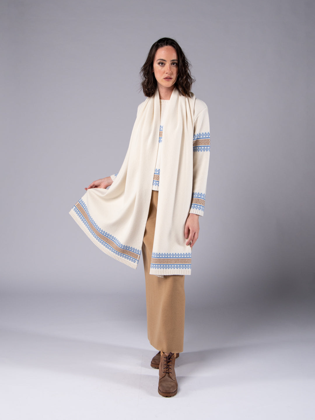 Echarpe de Malha Jacquard Étnico - Branco Pérola