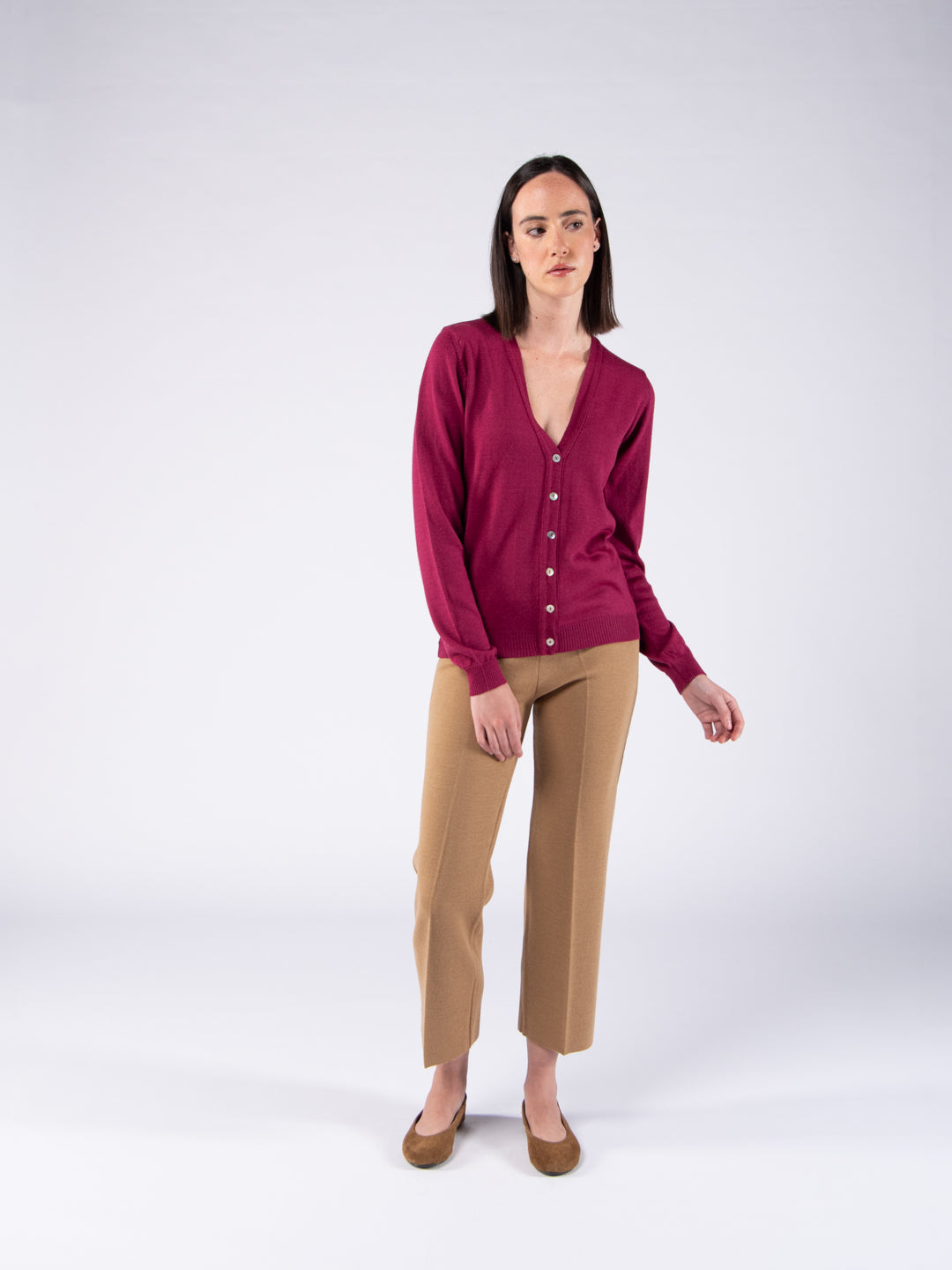 Merino Wool V-Neck Cardigan - Plum