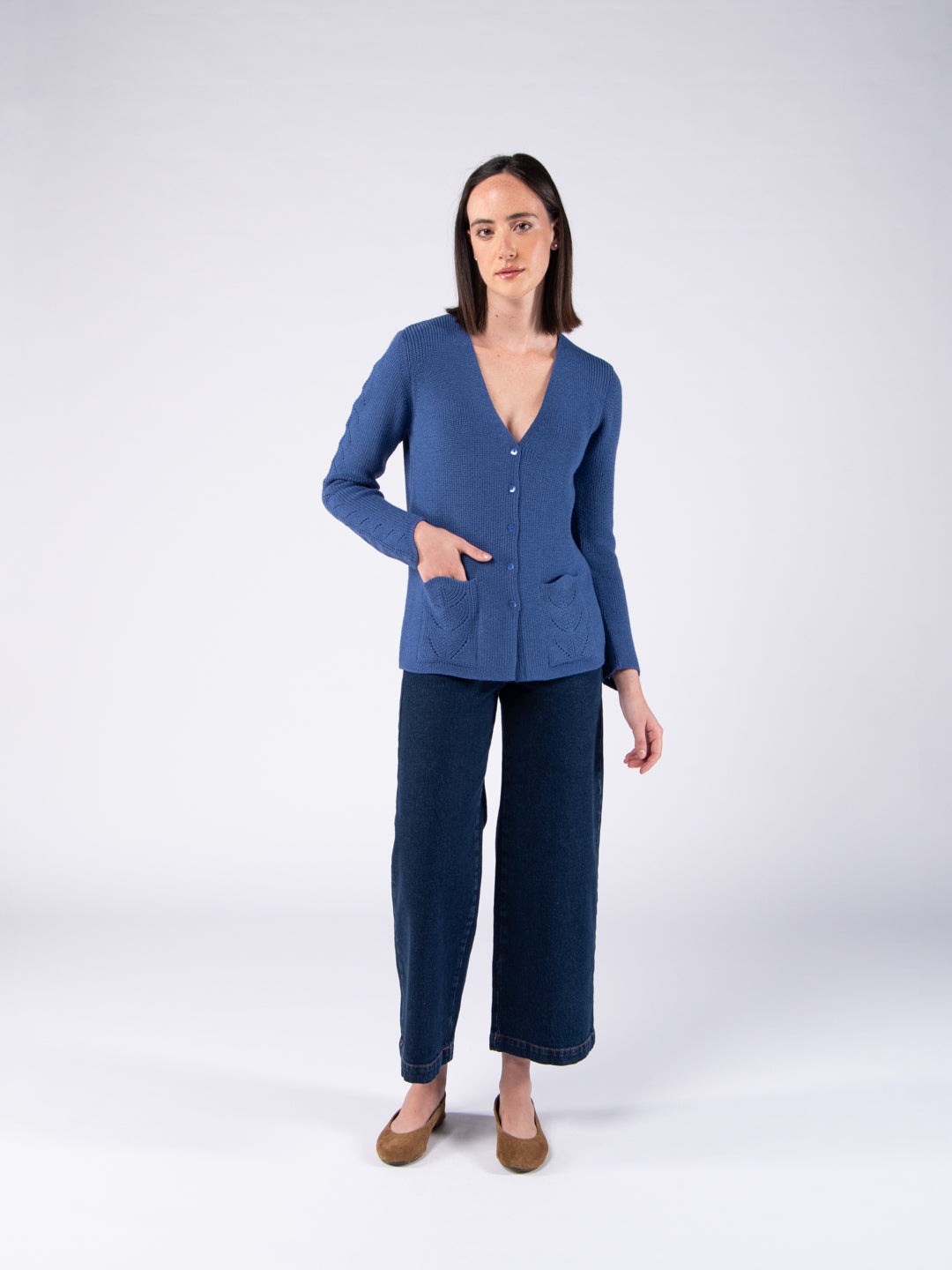 Chaqueta con cuello de pico y bolsillos en lana Merino - Azul vaquero