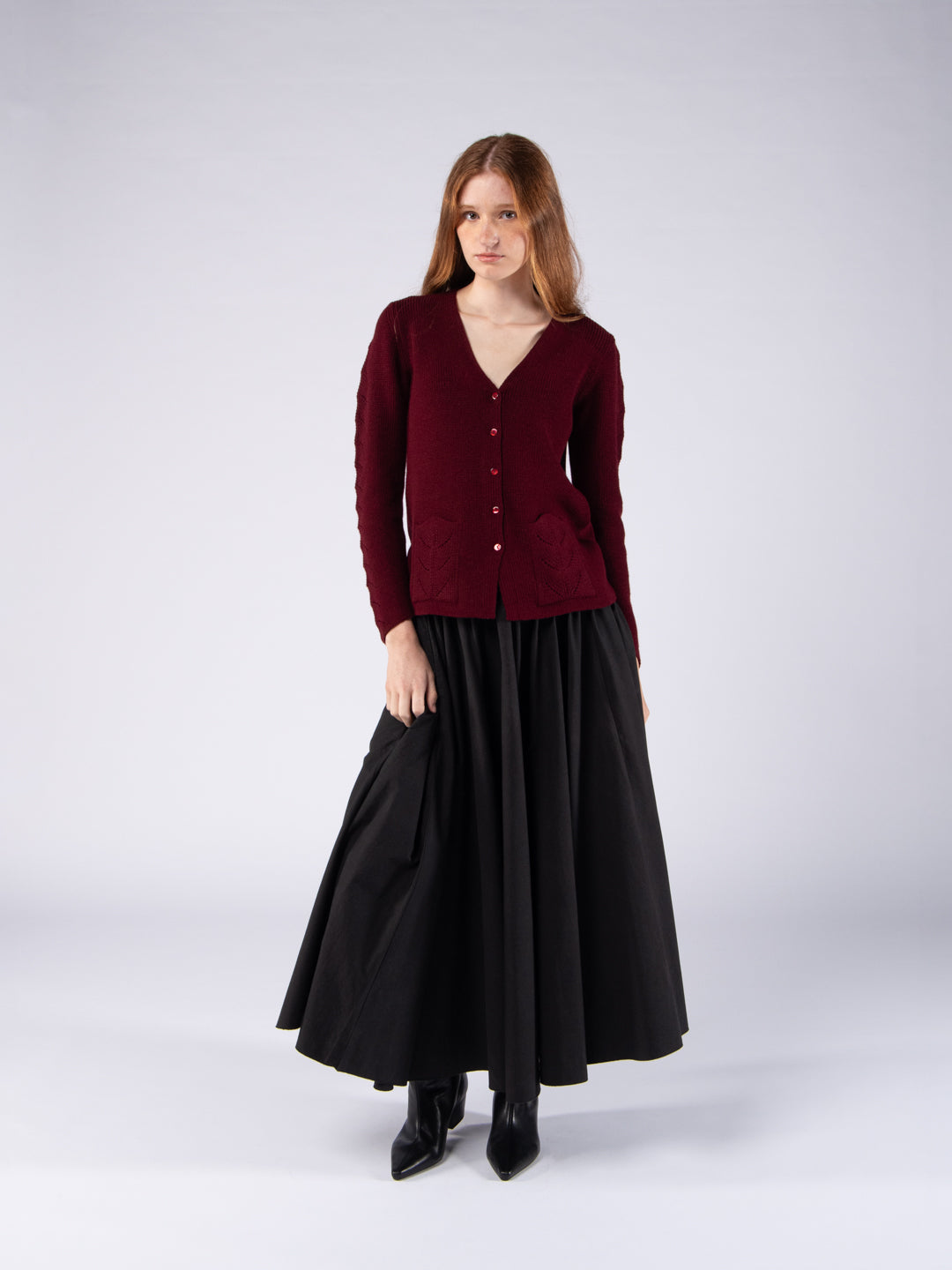 Chaqueta de lana merino con cuello de pico y bolsillos - Burdeos