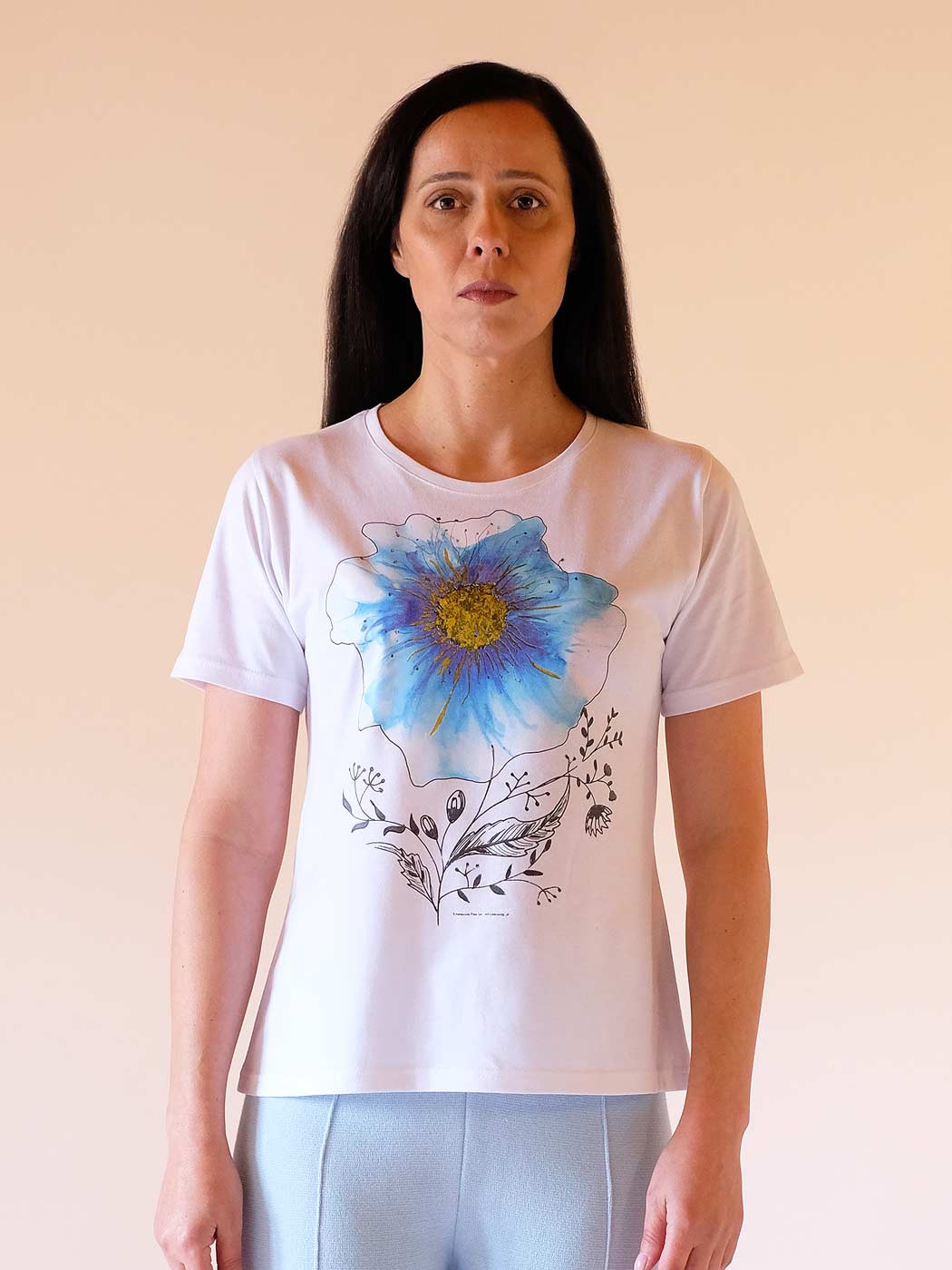 T-shirt com Flor Azul em 100% Algodão